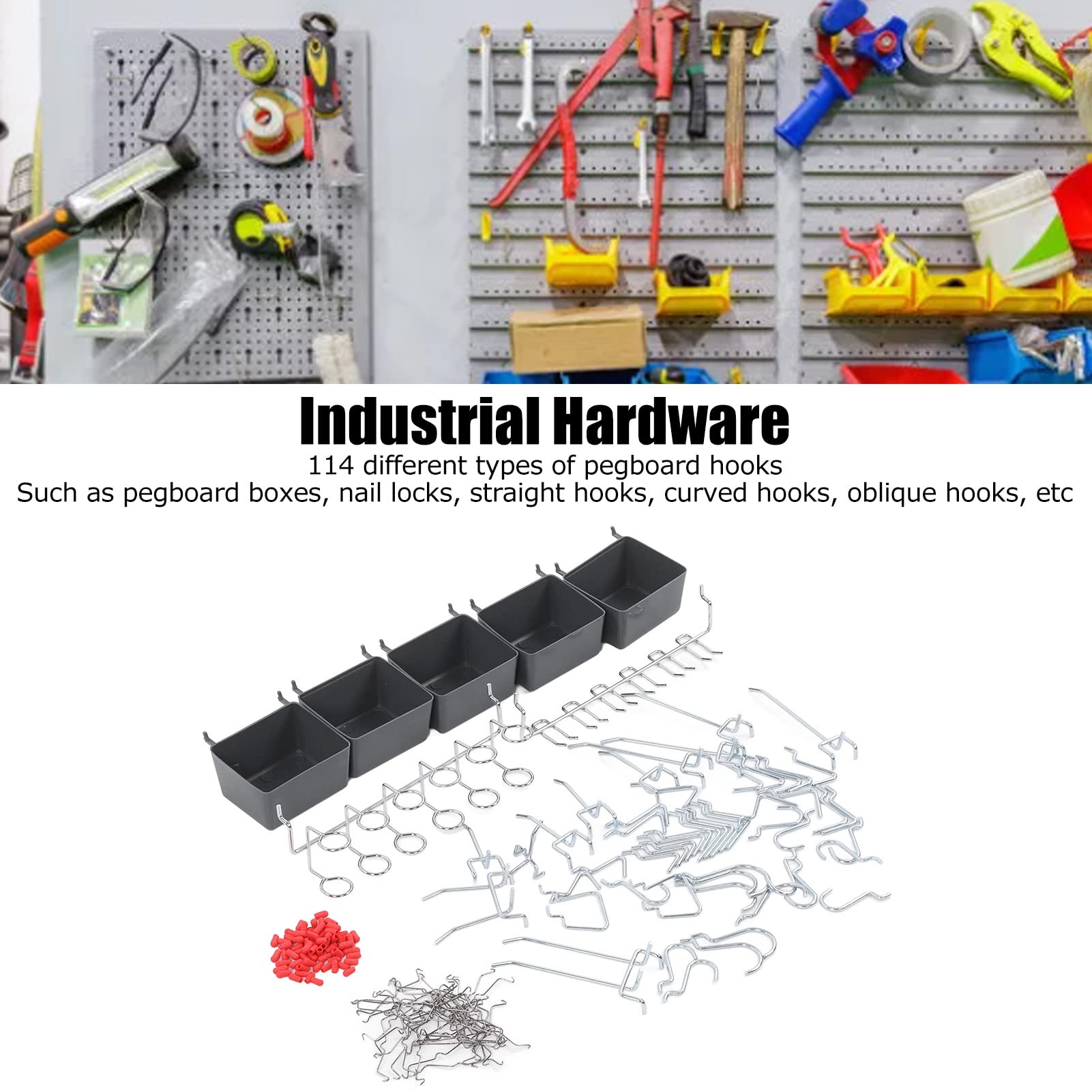 114 PCS Haczyka Pegboard Asortment, Pegboard Accessories Organizer Zestaw, wytrzymałe haczyka z tablicami PEG Asortyment do przechowywania, mocowania ścian garażowych