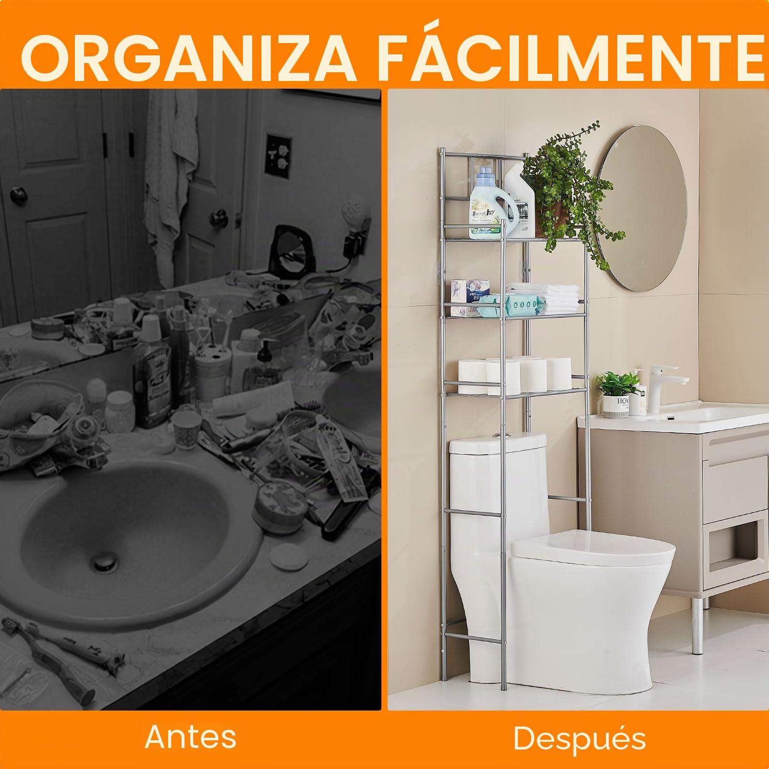 Estanteria Baño Encima WC, Mueble Sobre Inodoro de 3 Niveles, Estanteria Sobre Inodoro Independiente de Metal, Organizador de Baño Ahorra Espacio, Fácil de Montar para Baño, Lavandería, Gris