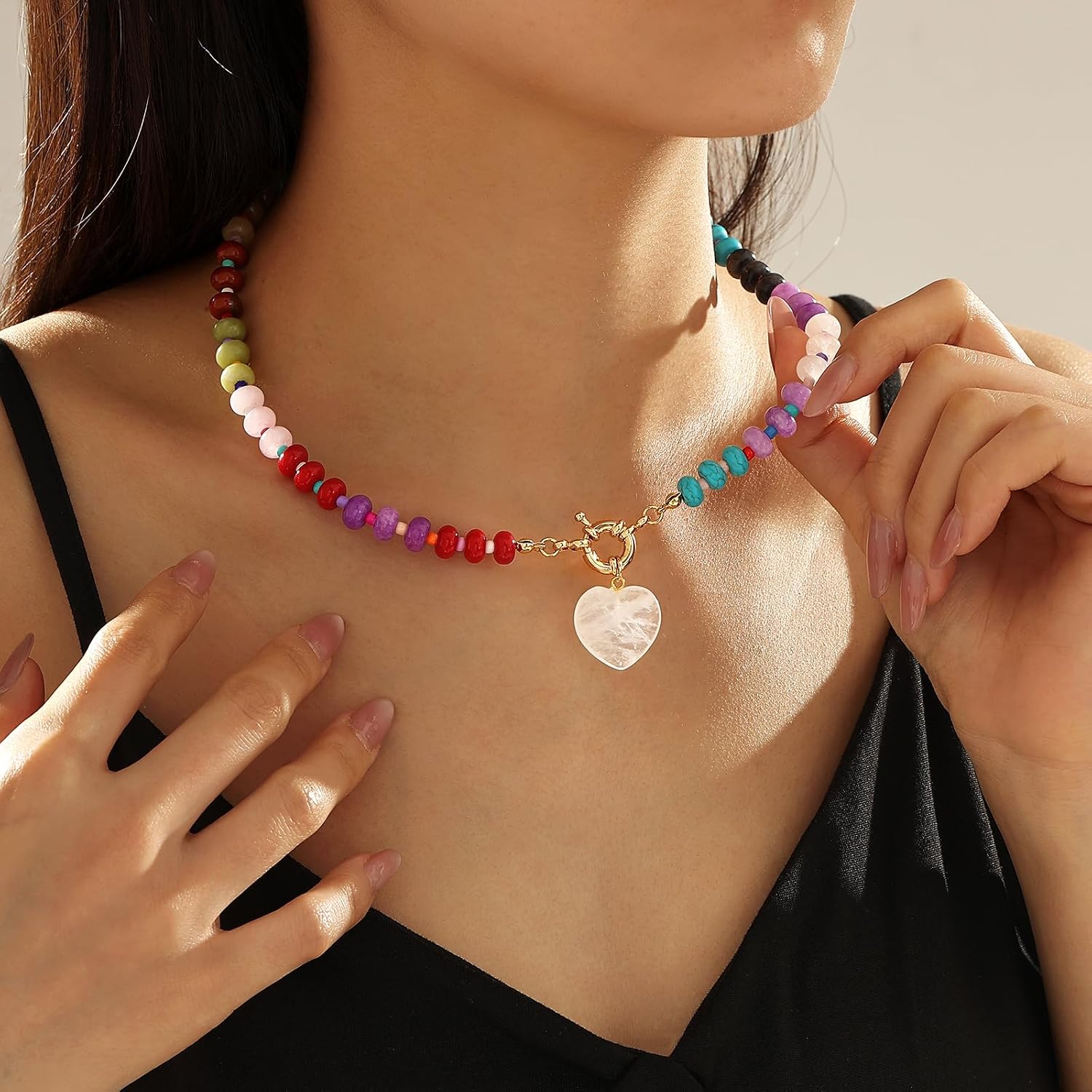Colorful Beaded Gemstone Necklace for Women Gemstone Necklace 5 * 8mm 14K Gold Plated Boho Style Summer Handmade Jewelry Gift (nature) image 5