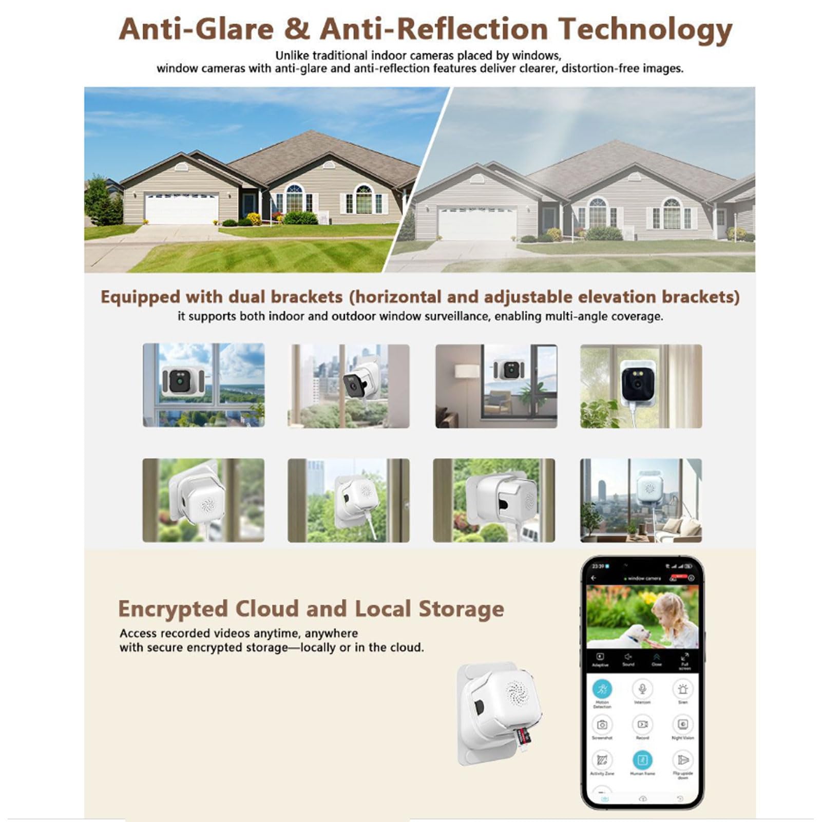 Wakects Cámara de Ventana 2K, Cámara de Seguridad para el Hogar Inteligente de 3MP con Detección de Movimiento Humano AI Recordatorios en Tiempo Real Audio Bidireccional Instalación
