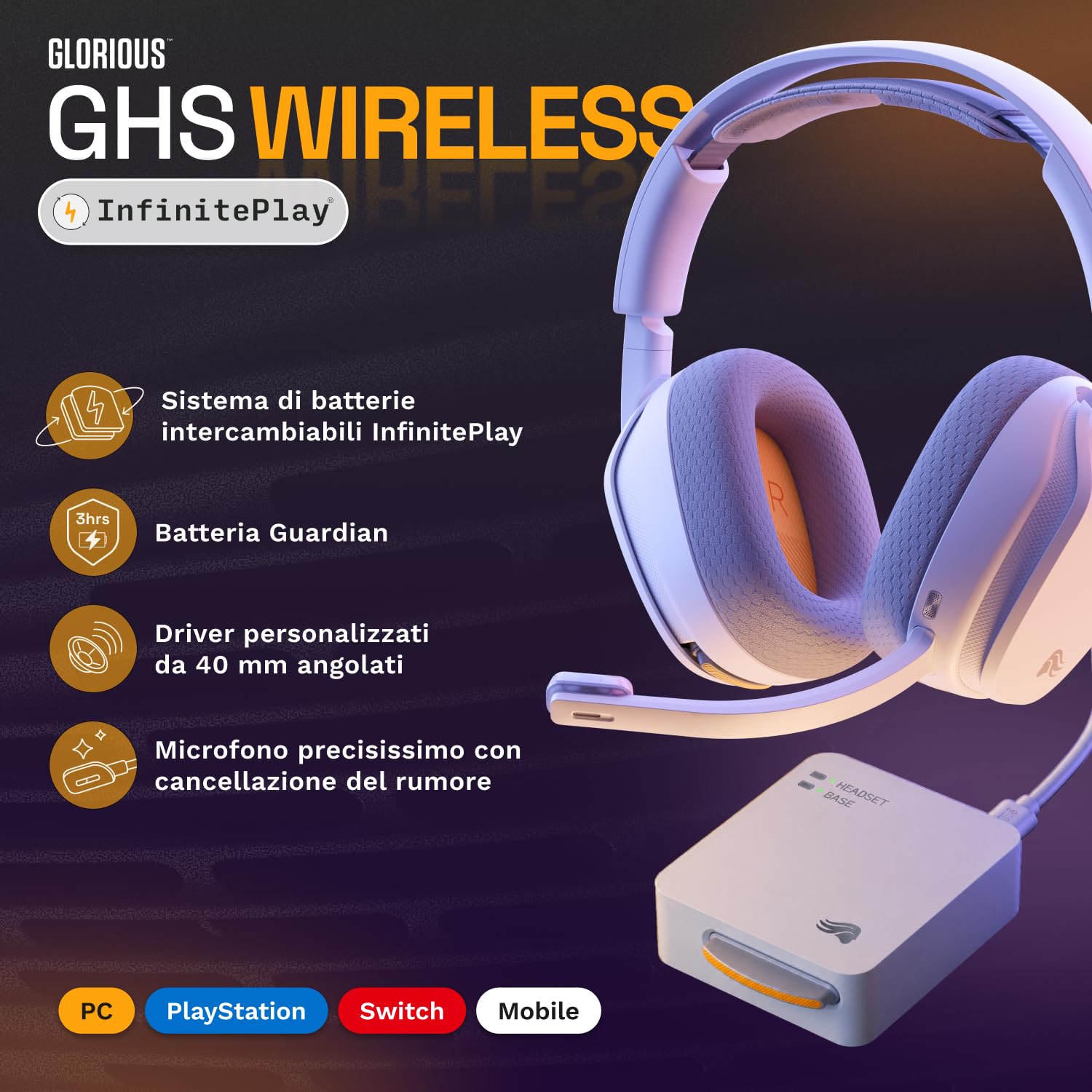 Glorious GHS Wireless InfinitePlay - Cuffie Gaming - PC, PS5, PS4 - Bianco | Batterie 85H Intercambiabili, Resta ON al Cambio, 2.4GHz e Bluetooth, Driver Custom, Microfono Rimovibile Antirumore
