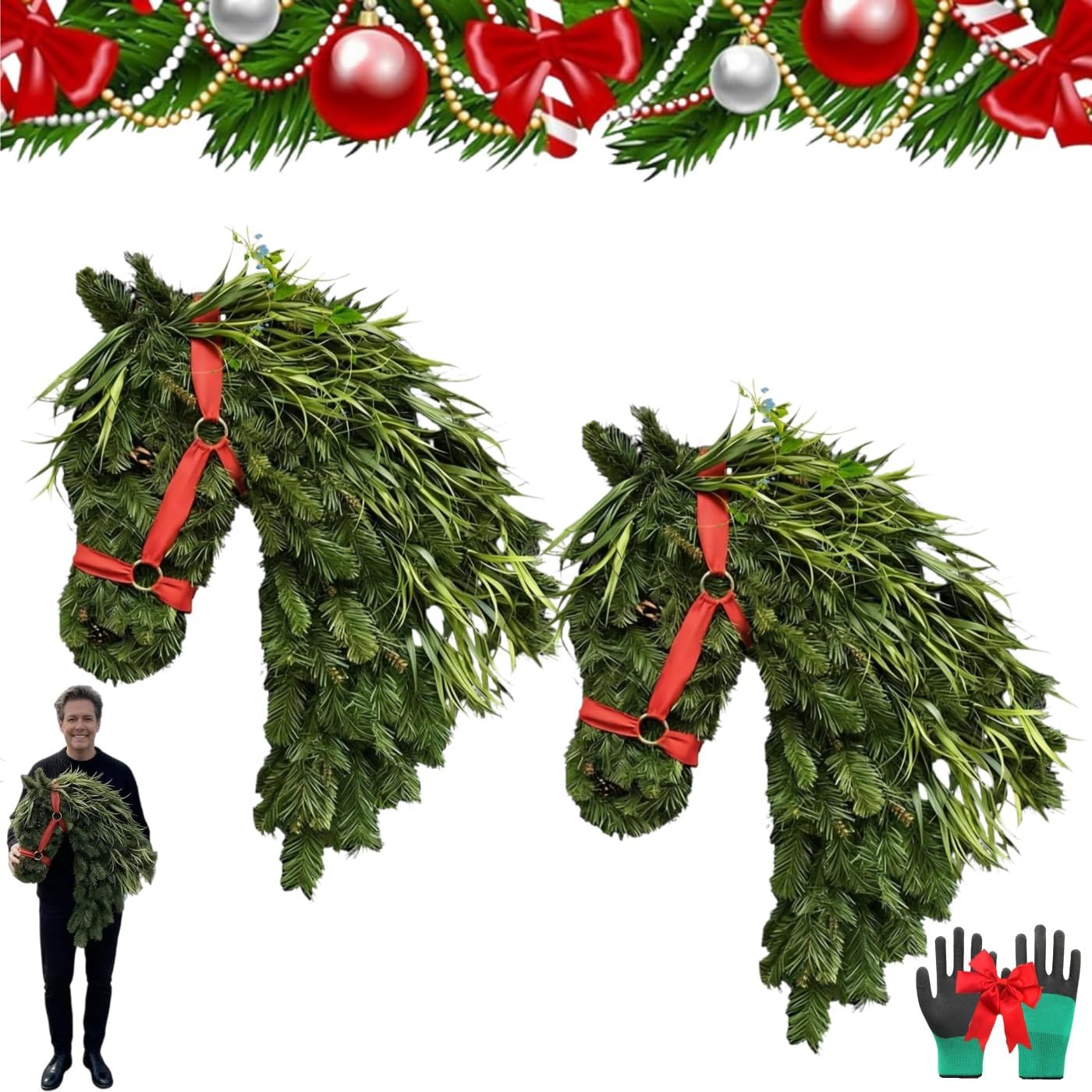 Horse Head Wreath–Rustic Farmhouse Equestrian Front Door Decor, Hand-Woven Horse Shaped Christmas Wreath with Red Bow, Faux Greenery Holiday Wreaths for Barn,Porch,Home Decoration