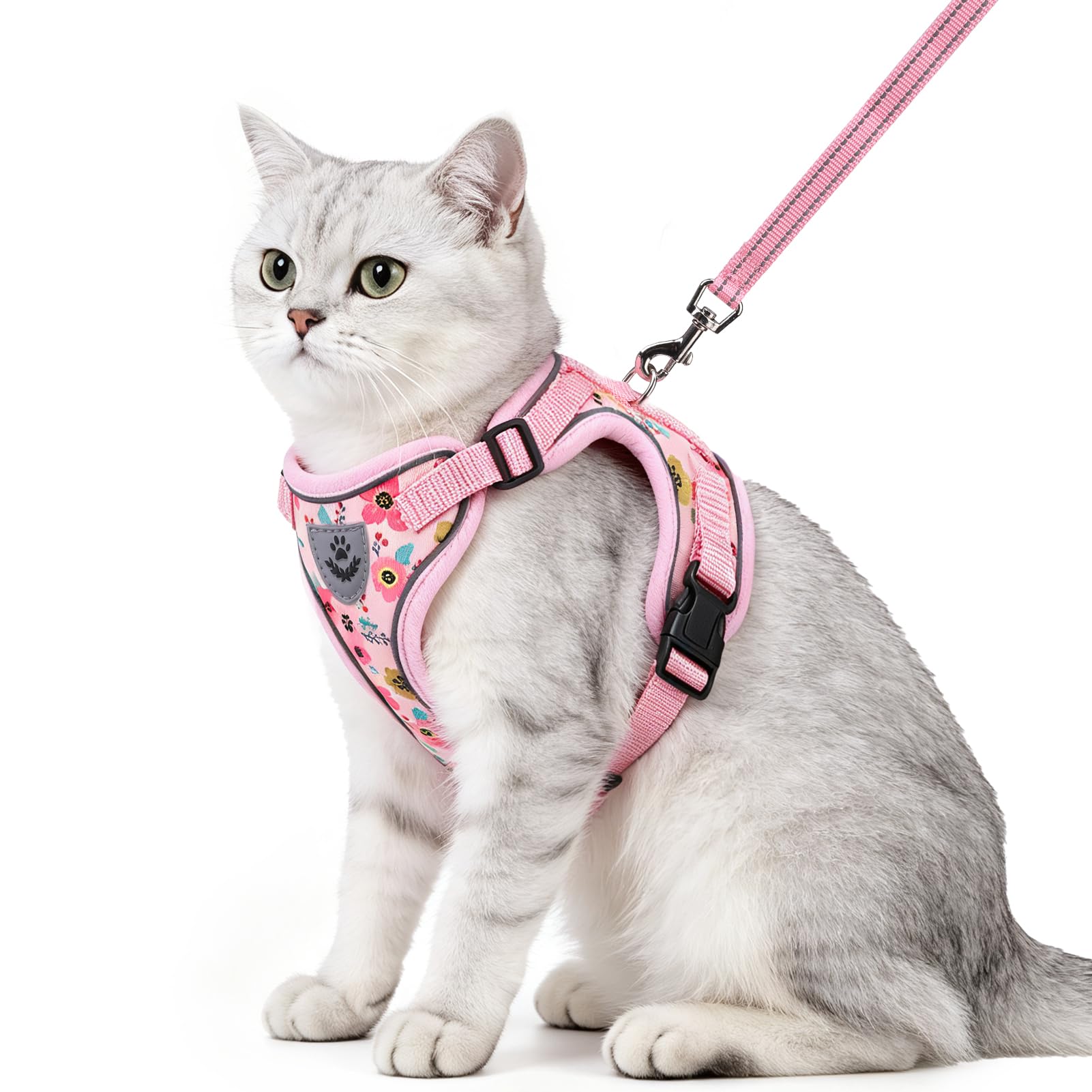 PUPTECK Cat Harness and Leash Set Escape Proof Reflective Cat Walking Harness Adjustable Soft Breathable Mesh Vest for Small Pets, Pink Flowers, S