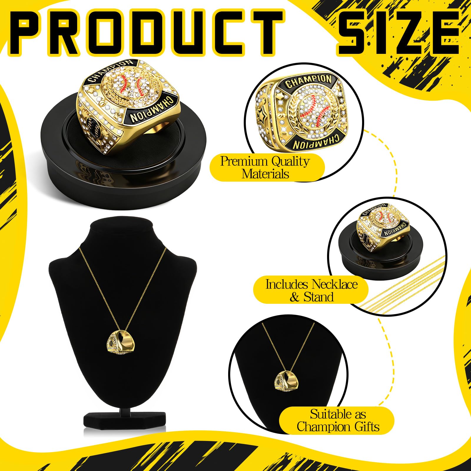 Baseball-Meisterschaftsringe, Gold, Baseball-Meisterschaft, Trophäenringe mit Halskette, Sportball, Auszeichnung, Geschenk für Champion-Gewinner, Turnier-Team-Preis, Gastgeschenk