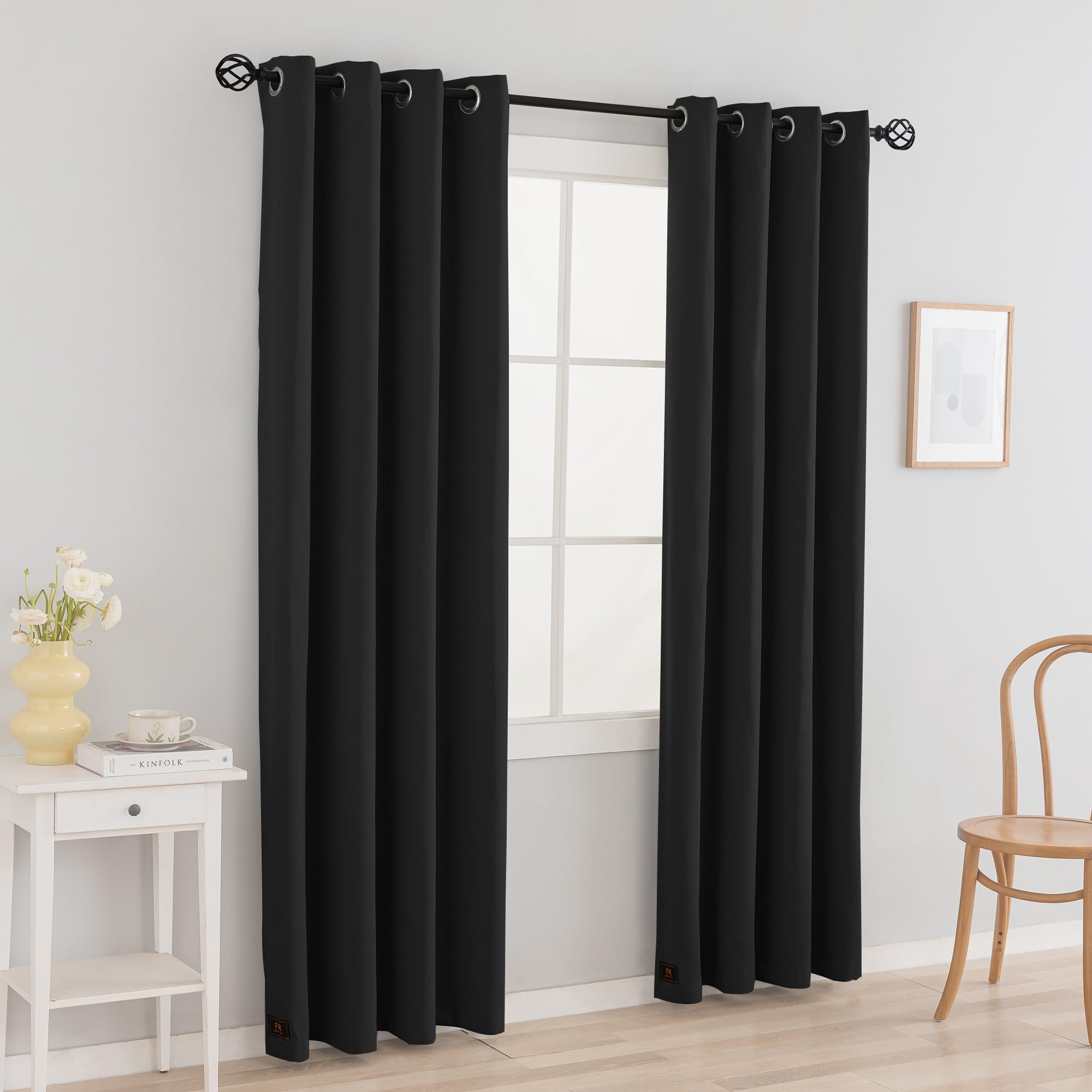 Phating 2 Panels Room Darkening Flame Retardant Curtains Meet NFPA701 Test - Grommet Curtains Thermal Insulated Privacy Curtains (2 Panels, Black, 52 X 84 in)