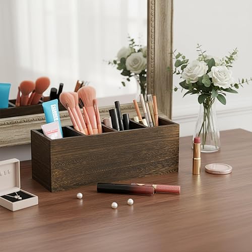 Miniatura 7 de Dicunoy Paquete de 2 portalápices de madera para escritorio, organizador de mesa retro con 4 compartimentos para suministros de arte, bolígrafos,