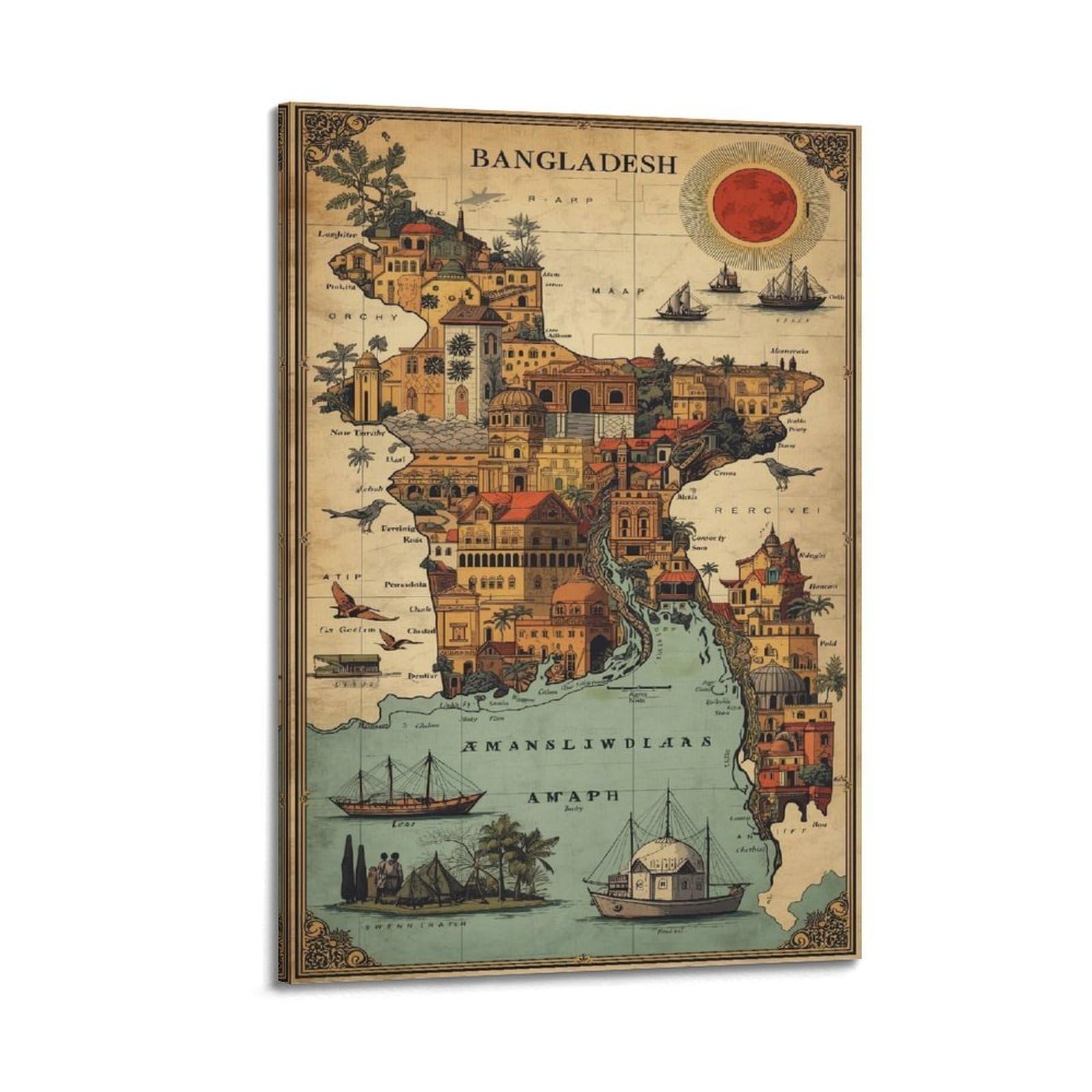 OKAHYS Vintage Travel Map Bangladesh Artwork Poster Decorative Painting Canvas Wall Artworks Picture 16x24inch(40x60cm)