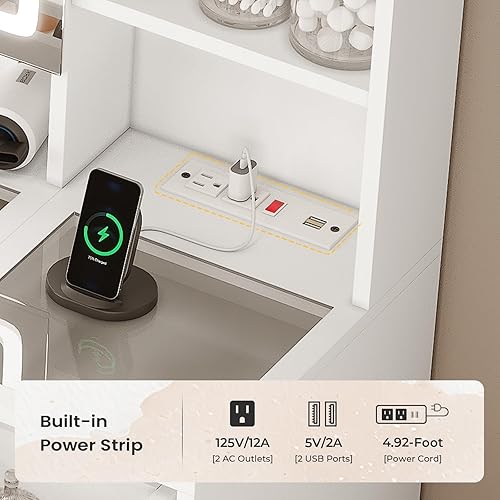 Miniatura 6 de AOGLLATI Tocador de maquillaje con luces, tocador con espejo y luces, juego de tocador grande de 45.2 pulgadas con estación de carga, mesa de