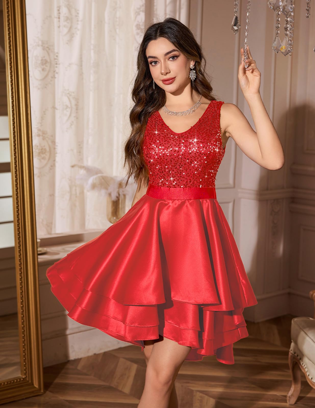 Meetjen Robe d'invité de Mariage pour Femme Robes de Soirée Cocktail Scintillante Col en V Satin Haute et Basse Ligne A