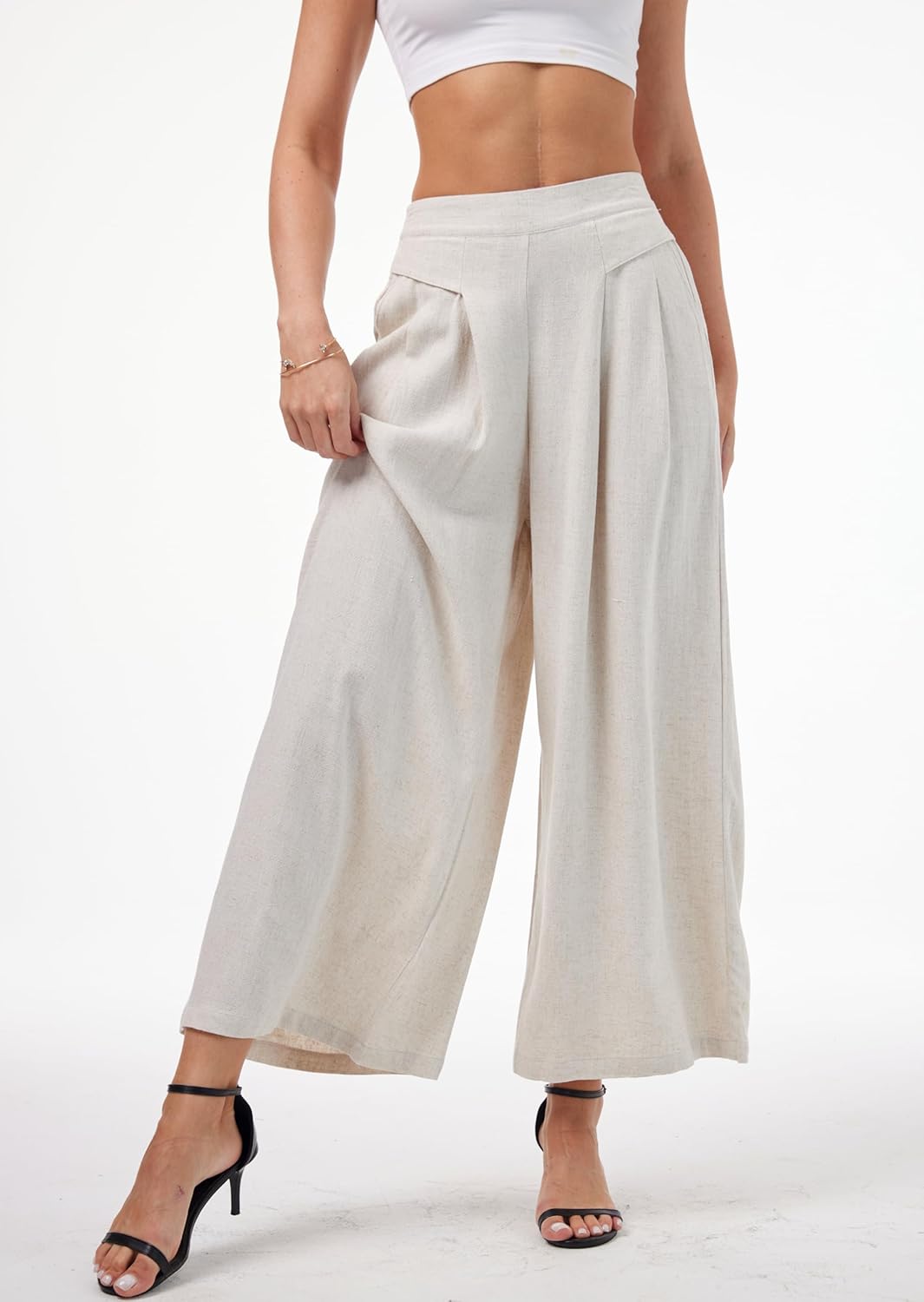 heipeiwa Women' s Culottes Linen Pants Summer Casual Flowy Beach Cotton Linen Wide Leg Palazzo Pants - Image 3