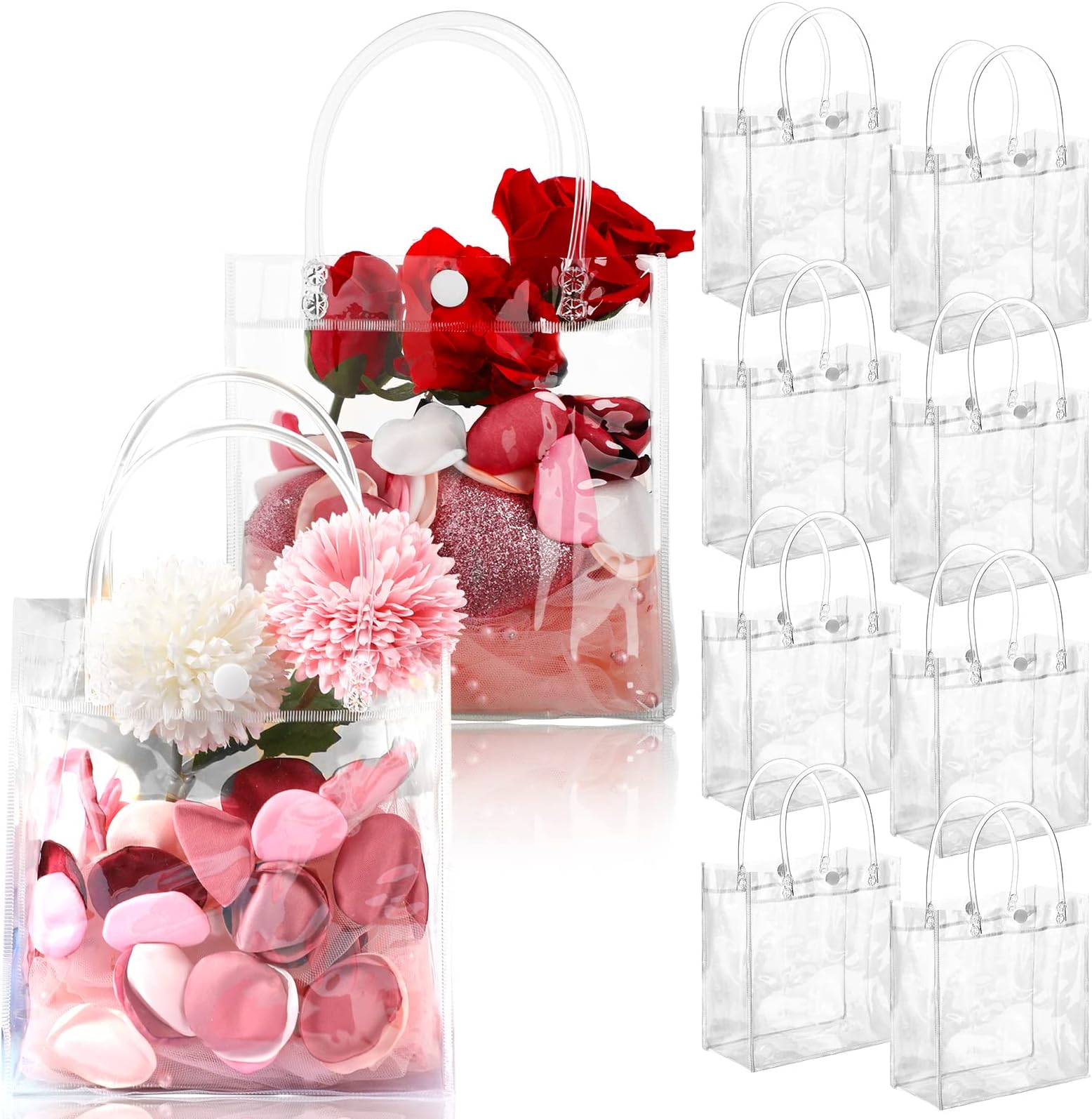 Saintrygo 50 Pcs Clear Gift Bags with Handles PVC Transparent Party Favour Plastic Gift Bags Bulk for Gifts Wedding Birthday New Year Mother's Day Party Favor(5.9 x 6.3 x 2.8 Inches)