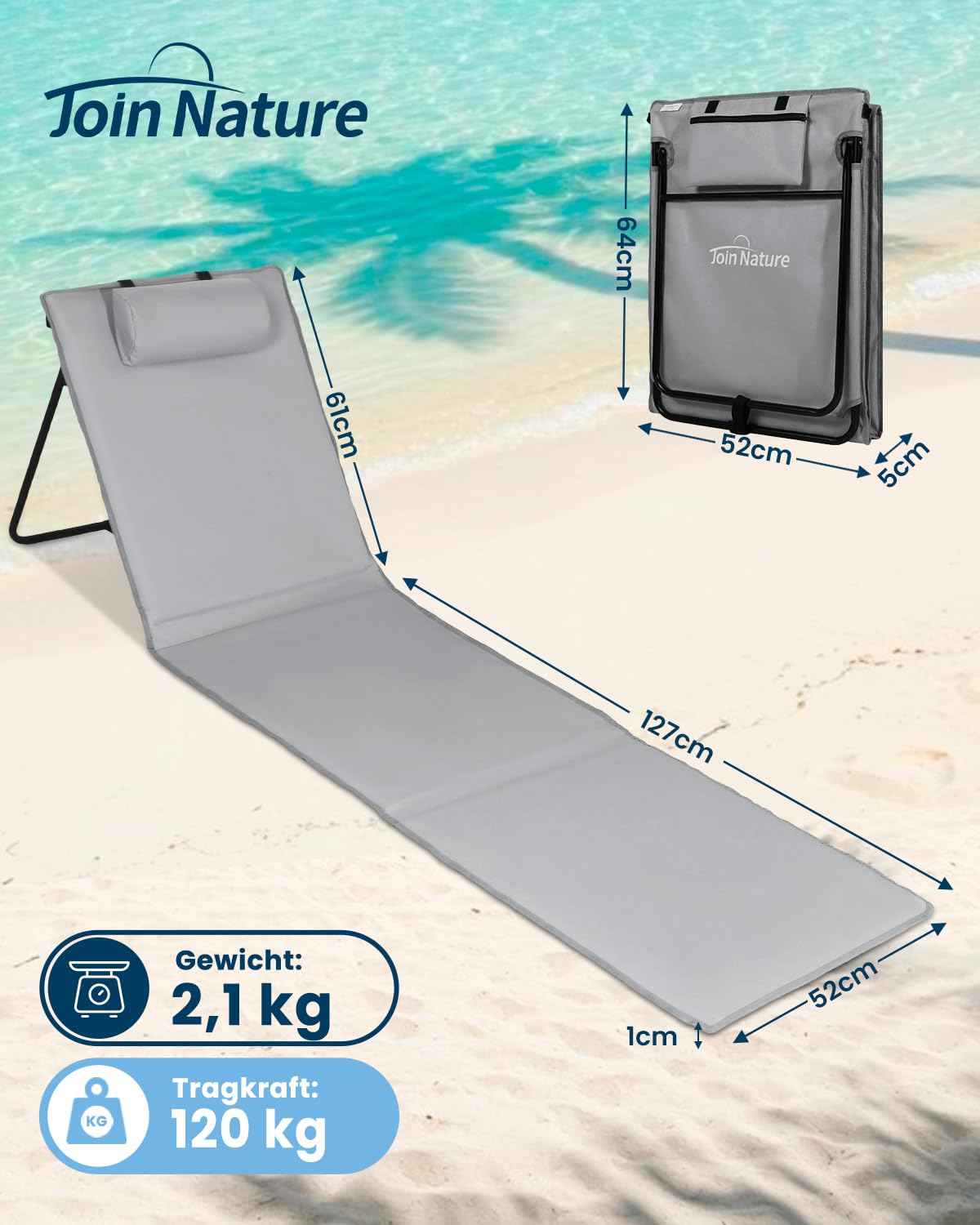 Strandmatte, XXL Liegematte Strand Faltbar 186 x 53cm, Strandtuch mit Verstellbarer Rückenlehne, Leicht Sonnenmatte Gepolstert für Outdoor, Freibad Pool