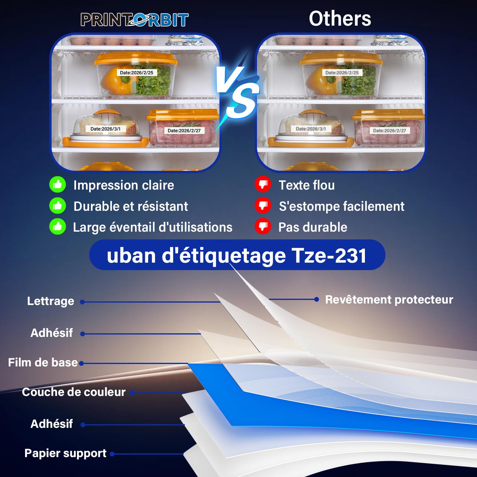 Brother P-touch Tze-231 12mm Ruban Laminé Noir sur Blanc Compatible
