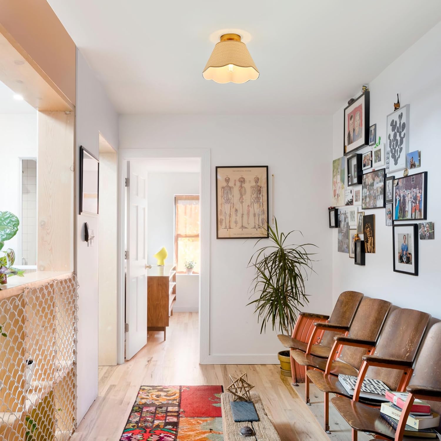 13” Boho Semi Flush Mount Ceiling Light Hand Woven Rattan Mini Chandelier for Bedroom Hallway Kitchen Nursery Room Entryway, UL Listed