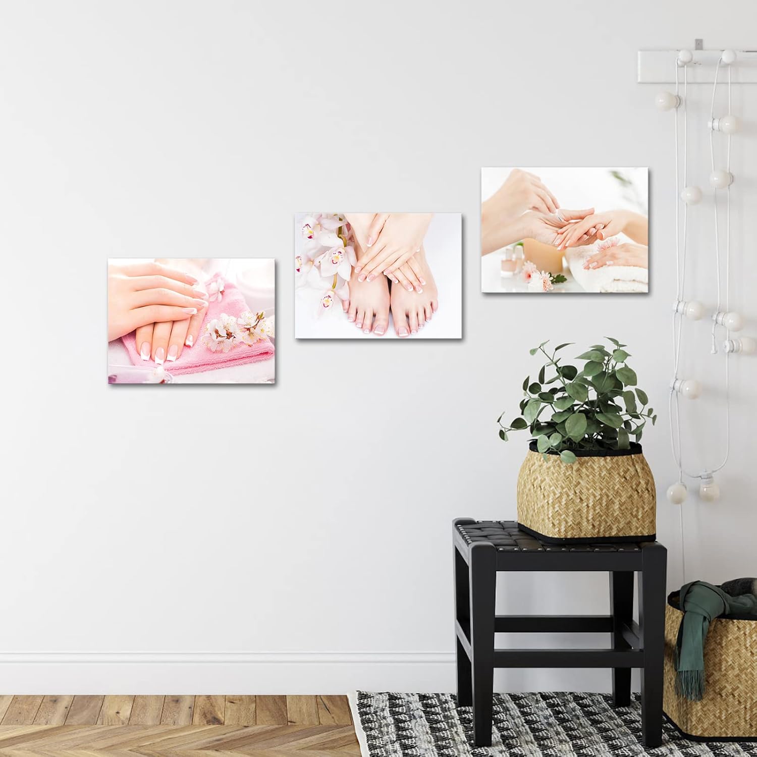 HOMEOART 3 Pieces Beauty Salon Wall Pictures Nail Salon Decor Pedicure & Manicure Poster Canvas Prints Framed, 12"x16"x3 Pieces
