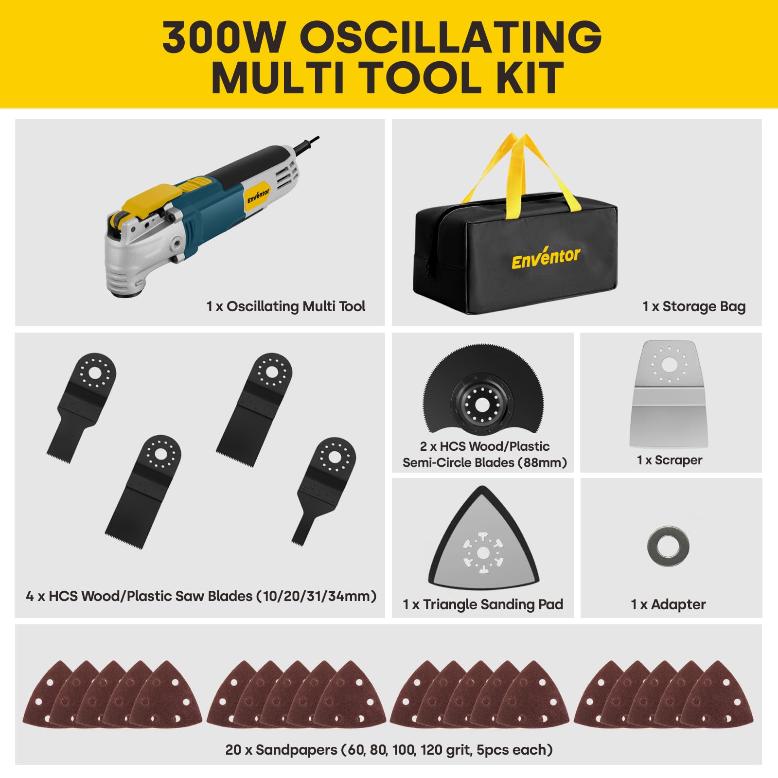 ENVENTOR Oszillationswerkzeug, 300W Multifunktionswerkzeug mit 28 Zubehör, 6 Variable Geschwindigkeit 15000-22000RPM, 3° Oszillationswinkel, zum Schneiden, Schnitzen, Bohren, Schleifen, Polieren