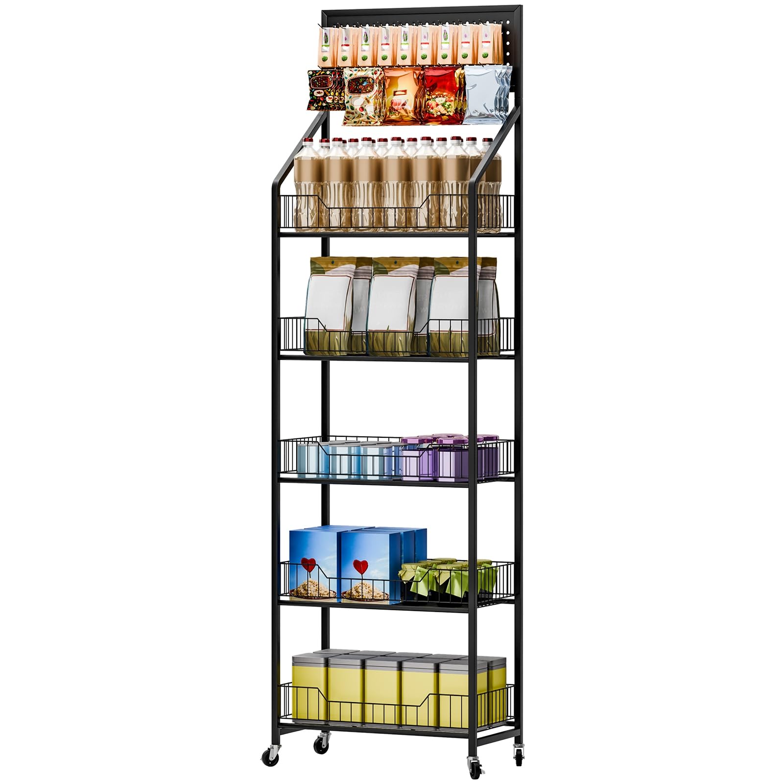 Masiunoz 5 Tier Carbon Steel Retail Candy Snack Display Rack with 360 Degree Swivel Casters and Hooks for Home Theater Dining Counter, Fruit and Vegetable Basket Organization and Snack Organization B