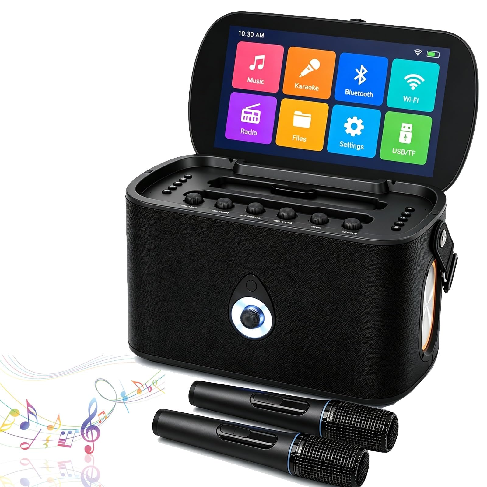 Máquina de Karaoke portátil for Adultos, Pantalla y Pantalla de Letras | 2 micrófonos inalámbricos de carga automática, aplicación de Karaoke, altavoz de 30 W, se conecta a la TV for fiestas en casa