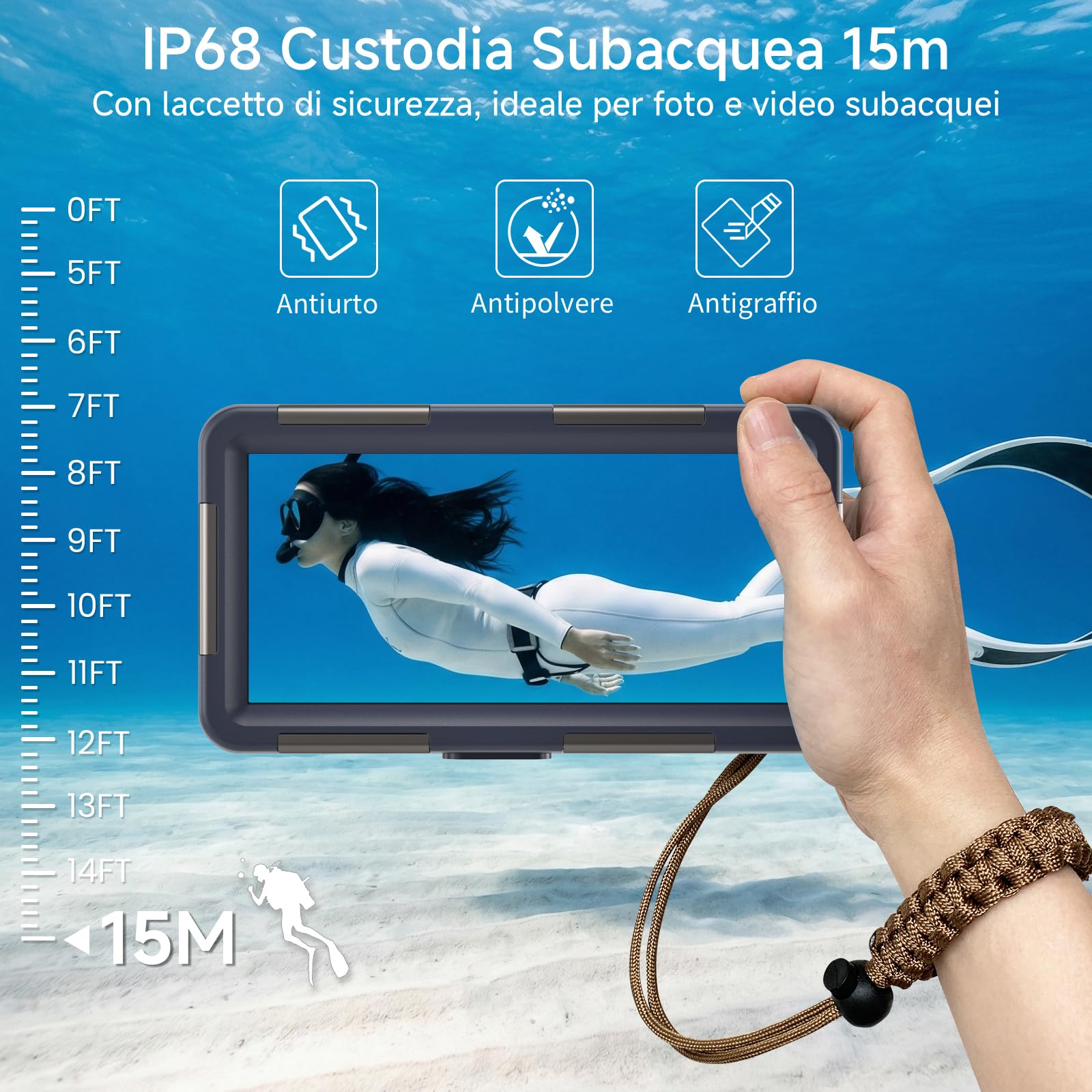 DANZHANG Custodia Impermeabile Subacquea IP68 per Smartphone (Blau+Orange)