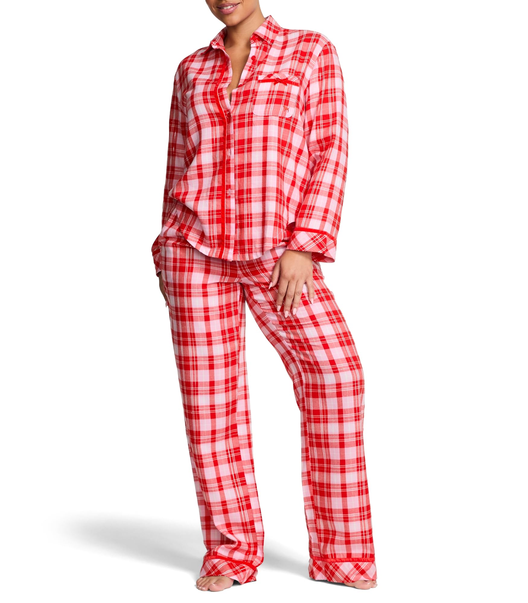 Victorias Secret Womens PINK Flannel Pajama Set Long Sleeve Button Down Shirt Pants Sleepwear for Women