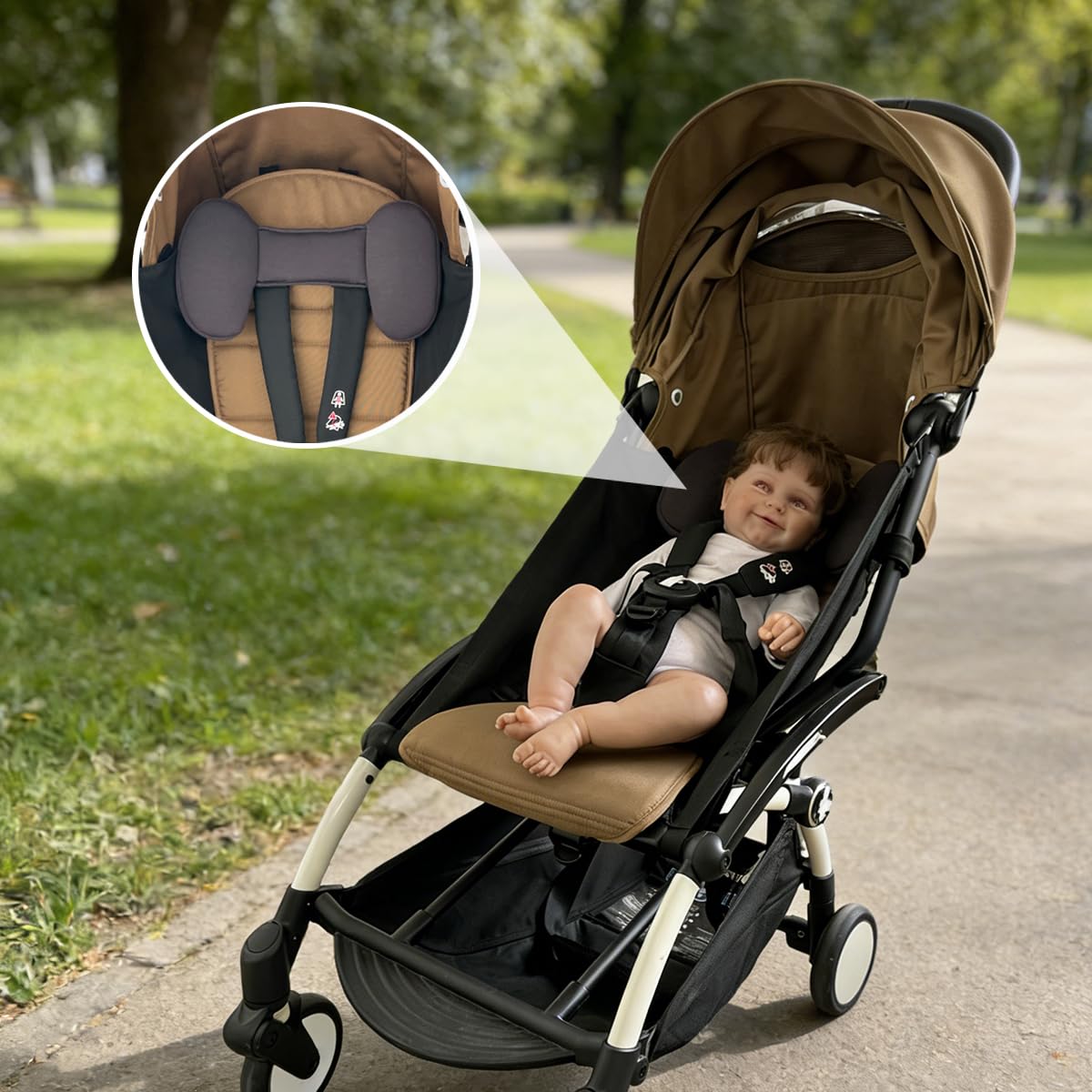 Stroller Replacement Set Compatible with Babyzen YOYO/YOYO+/ YOYO2/Stokke YOYO3, 6+ Color Pack, Thickened Seat Cushion and Extendable Canopy, Water-Repellent Breathable Fabric (Toffee) - 3
