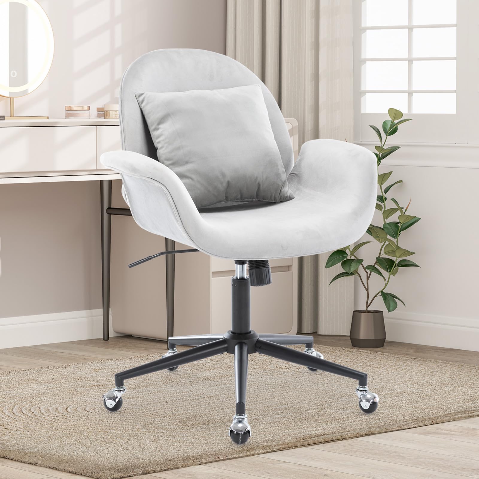 Velvet Desk Chair Modern Home Office Chair with Adjustable Height Swivel Rolling Executive Computer with Pillow Grey Armchair