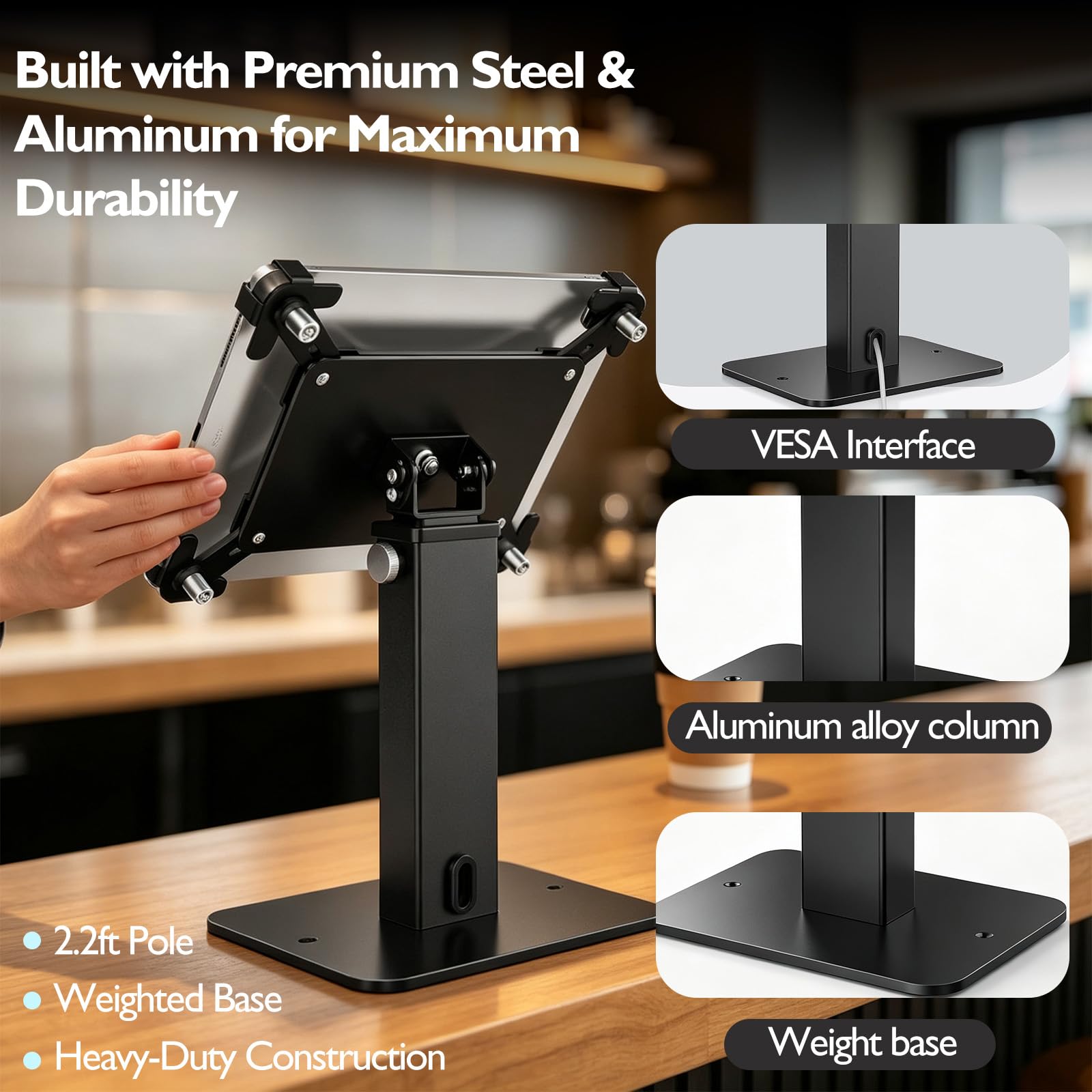 Supporto antifurto per iPad con base resistente, regolabile in altezza a 360°, supporto per tablet POS da scrivania, supporto di sicurezza in alluminio e acciaio, adatto per iPad e tablet da