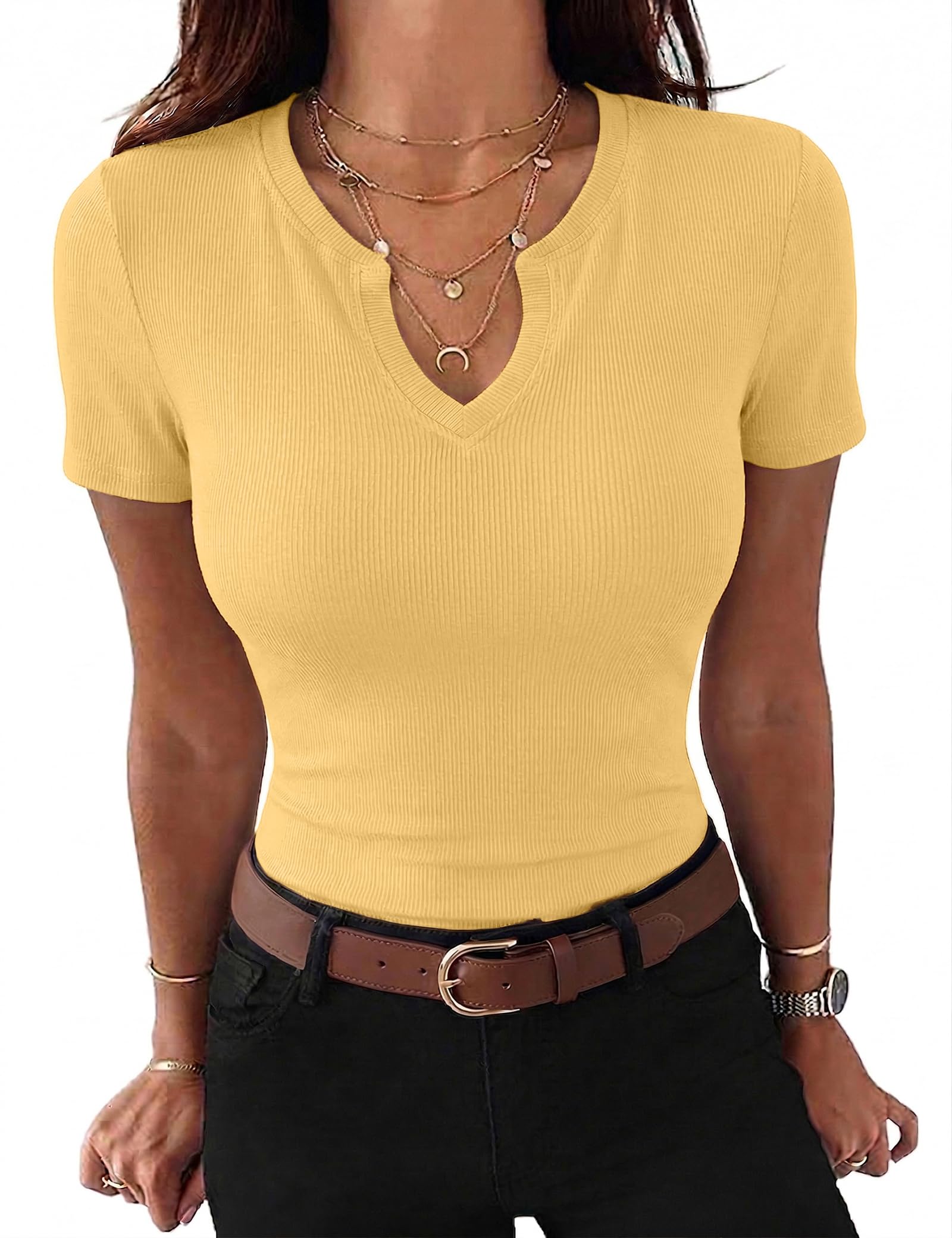 Gyabnw Damen T-Shirt V-Ausschnitt Elegant Gerippt Bluse Oberteil Kurzarm Basic Shirt Casual Sommer Top