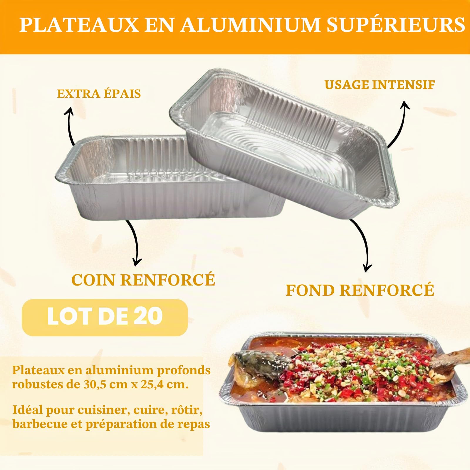 Lot de 20 grands plateaux en aluminium de 3500 ml avec couvercles 32 x 26 x 7 cm, moules de cuisson profonds et résistants pour la cuisine, la préparation des repas, les barbecues, les