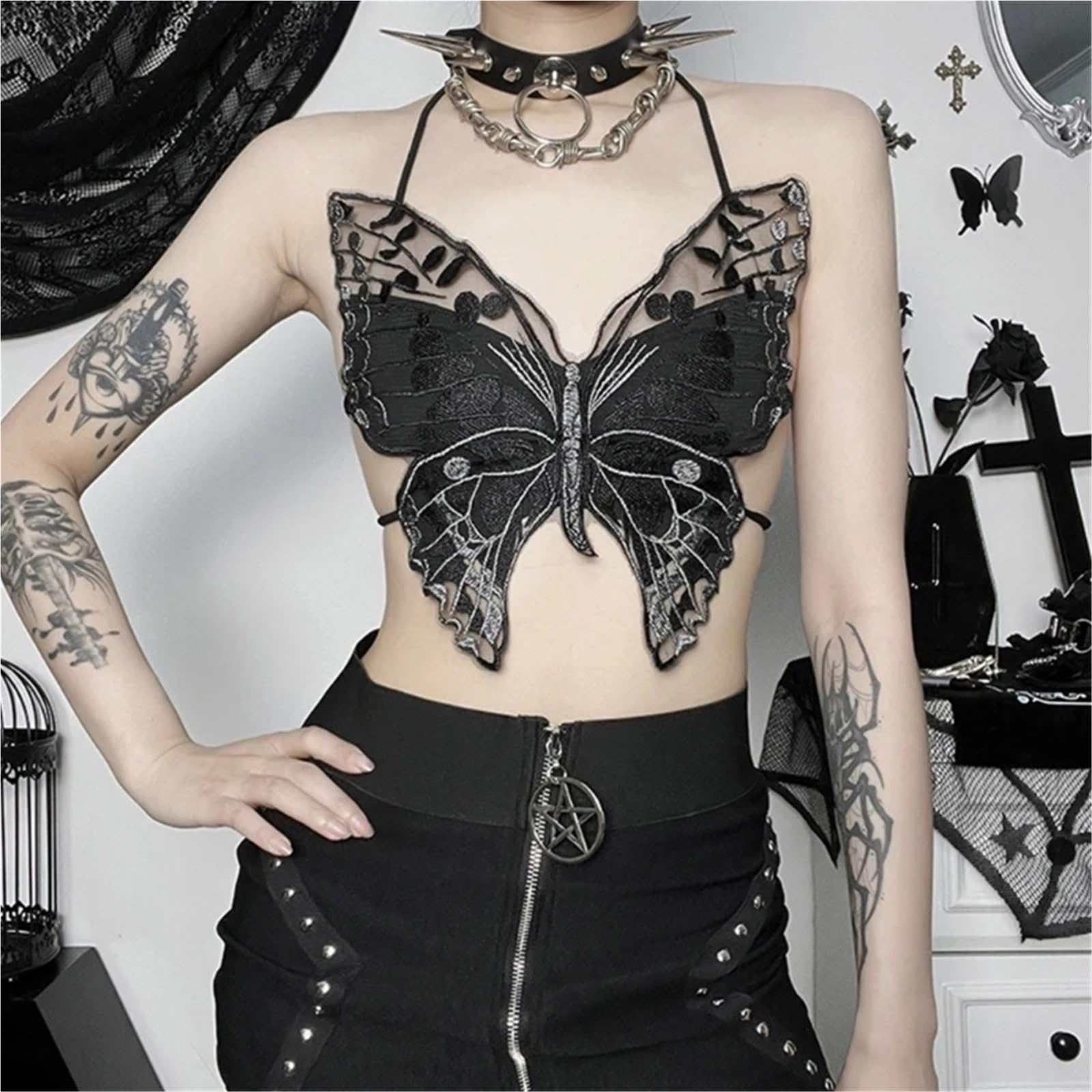 Top in Pizzo Trasparente Sexy a Forma di Farfalla Gotica con Canotta Senza Schienale legata Estiva da Donna per Donne
