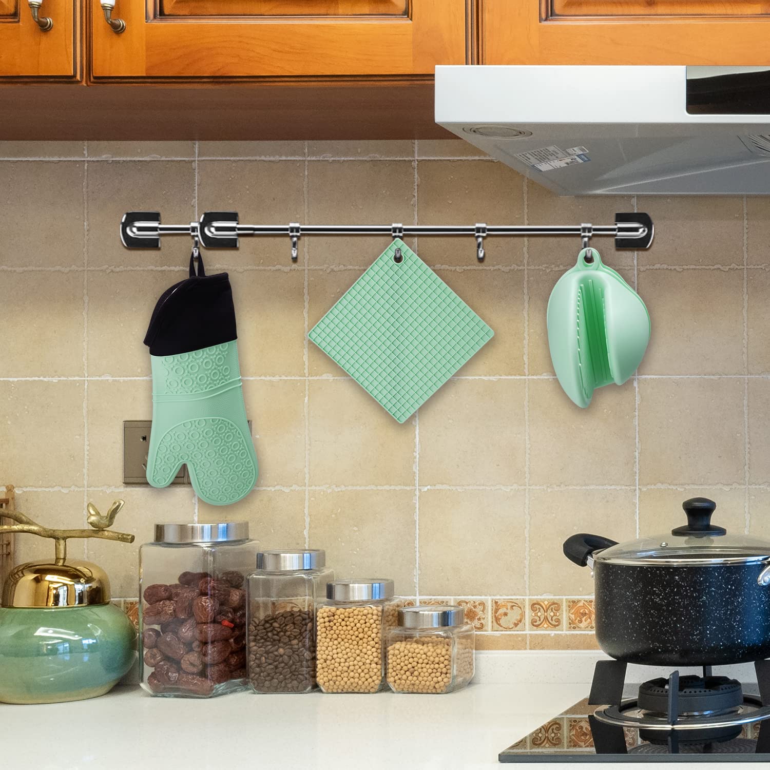6-teiliges Silikon-Set: Ofenhandschuhe, Topflappen & Untersetzer – Hitzebeständig Bis 230°C, Rutschfest