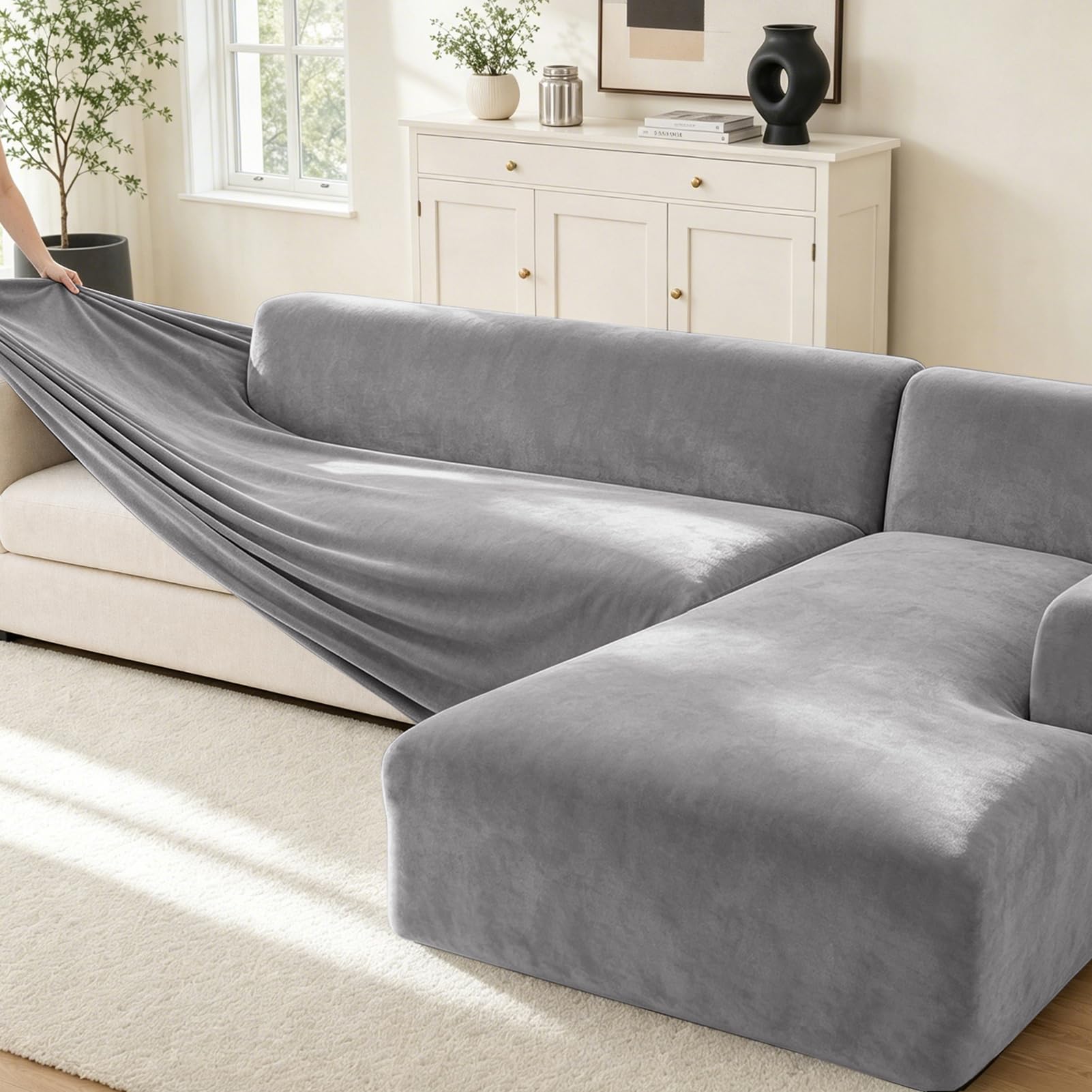 Samt Sofa Überzug 3 Sitzer, Stretch Couchbezug Silbergrau, 1 Stück | Dicker Plüsch Sofabezug, Elastisch, Superweich & Atmungsaktiv für Haustiere, Wohnzimmer (L-Form Ecksofa erfordert Zwei)