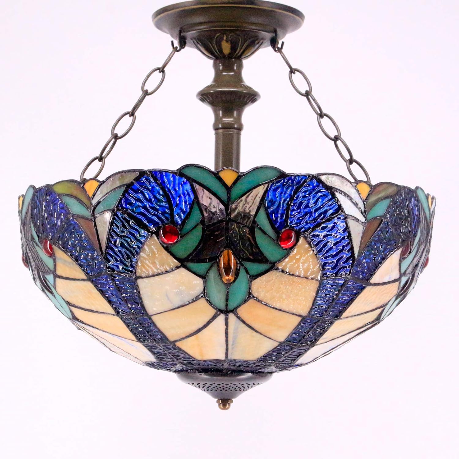 Limited Stock Tiffany Ceiling Light Fixture Semi Flush Mount 16 Stained Glass Red Blue Liaison Shade Island Hanging Lamp Close to Dome Boho Decor Bedroom Kitchen Dining Living Room Entry Foyer Hallway WERFACTORY