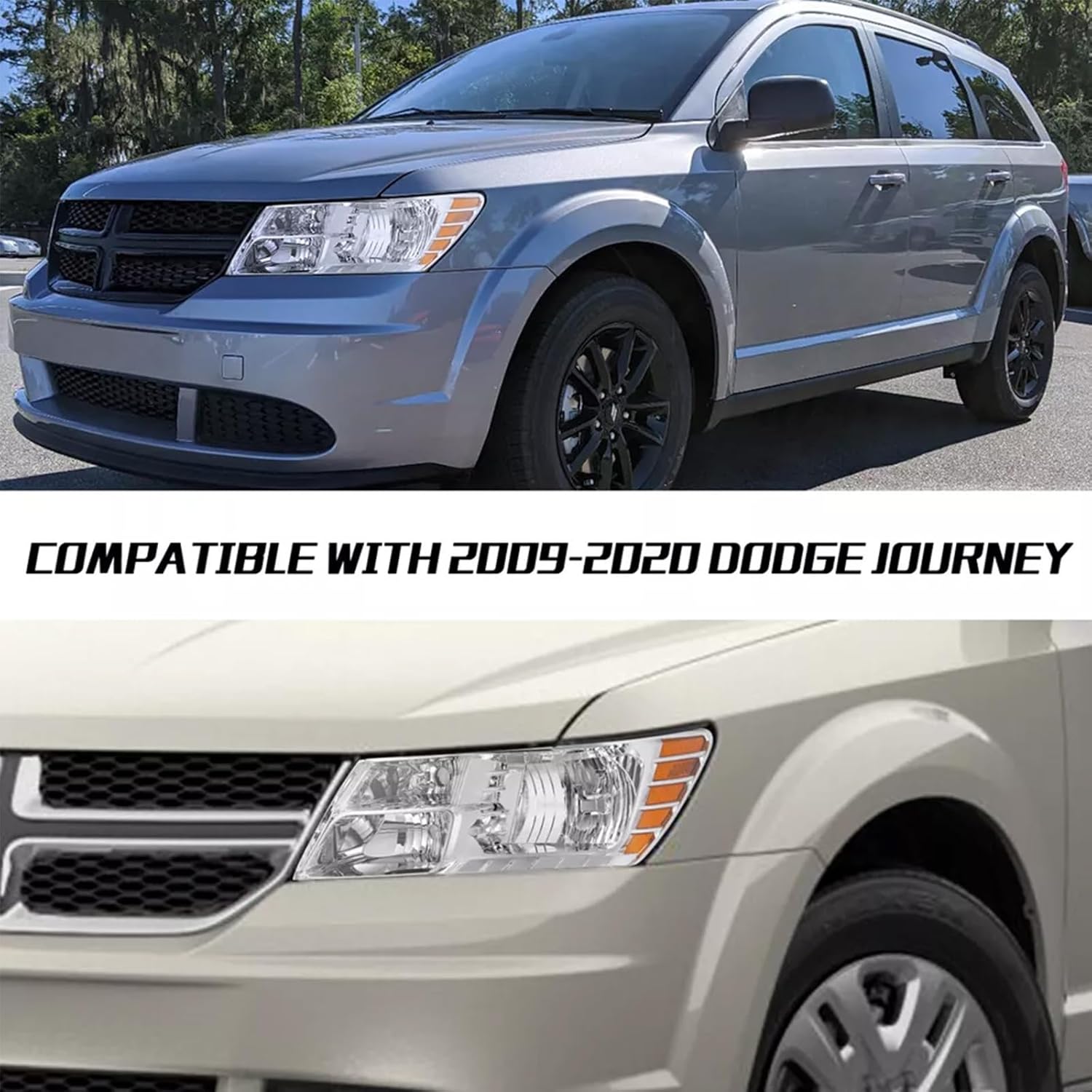 2pcs Headlight Assembly Set For 2009-2020 Dodge Journey Halogen Headlamps Replacement Passenger Driver Chrome Housing Amber Reflector Clear Lens