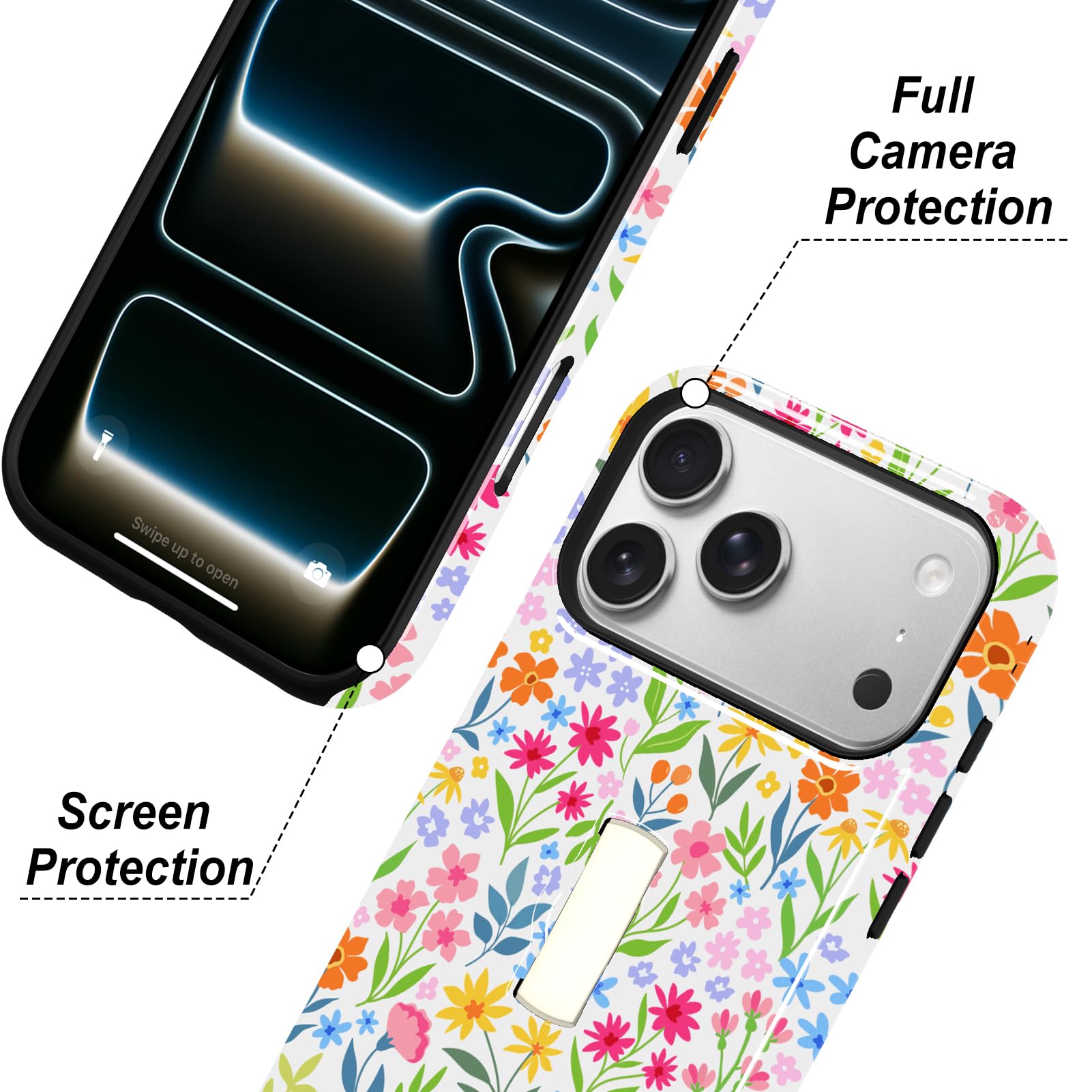 Fiyart Funda magnética para iPhone 17 Pro Max, diseño floral con soporte para correa de muñeca, bonito patrón de flores compatible con MagSafe, soporte de agarre manos libres, antideslizante, a prueba