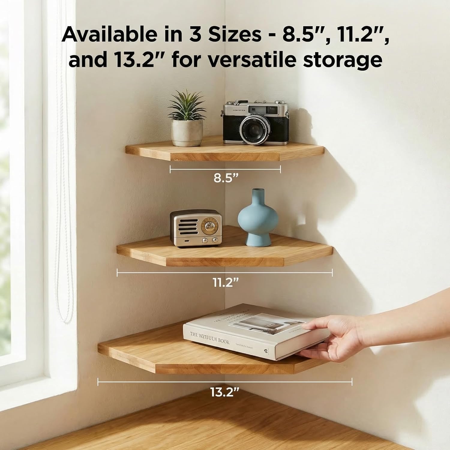 JiudunsKylight Corner Wall Shelf, 11.2 inch Floating Corner Shelves for Wall with Wire Hole, 2 Pack Oak Wood Shelves for Bedroom, Kitchen, Living Room Decor, Storage for Speakers, Photos