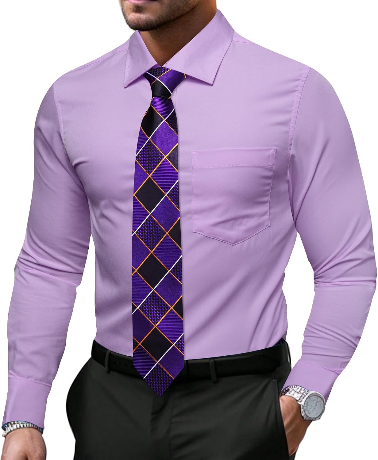 Barry.Wang Solid Colors Mens Dress Shirt and Tie Set Formal Business Wedding Shirts Long Sleeve Button Down Casual 6PCS