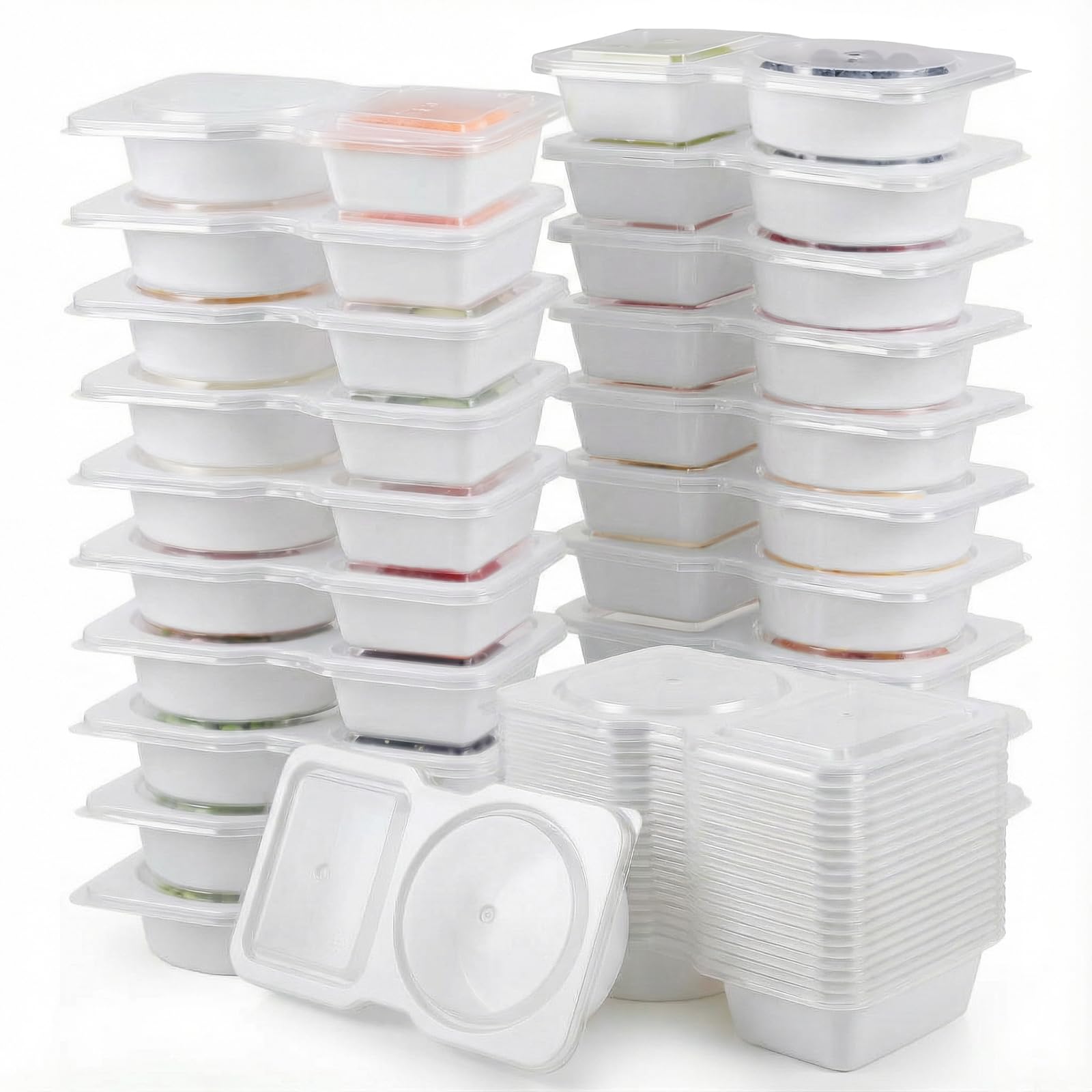 Woobroo White 40 Pack Double Compartment Condiment Containers Reusable Snack Containers With Lids - Leakproof Bento Box Style Snack Pots With Compartments For Portion Control（White）