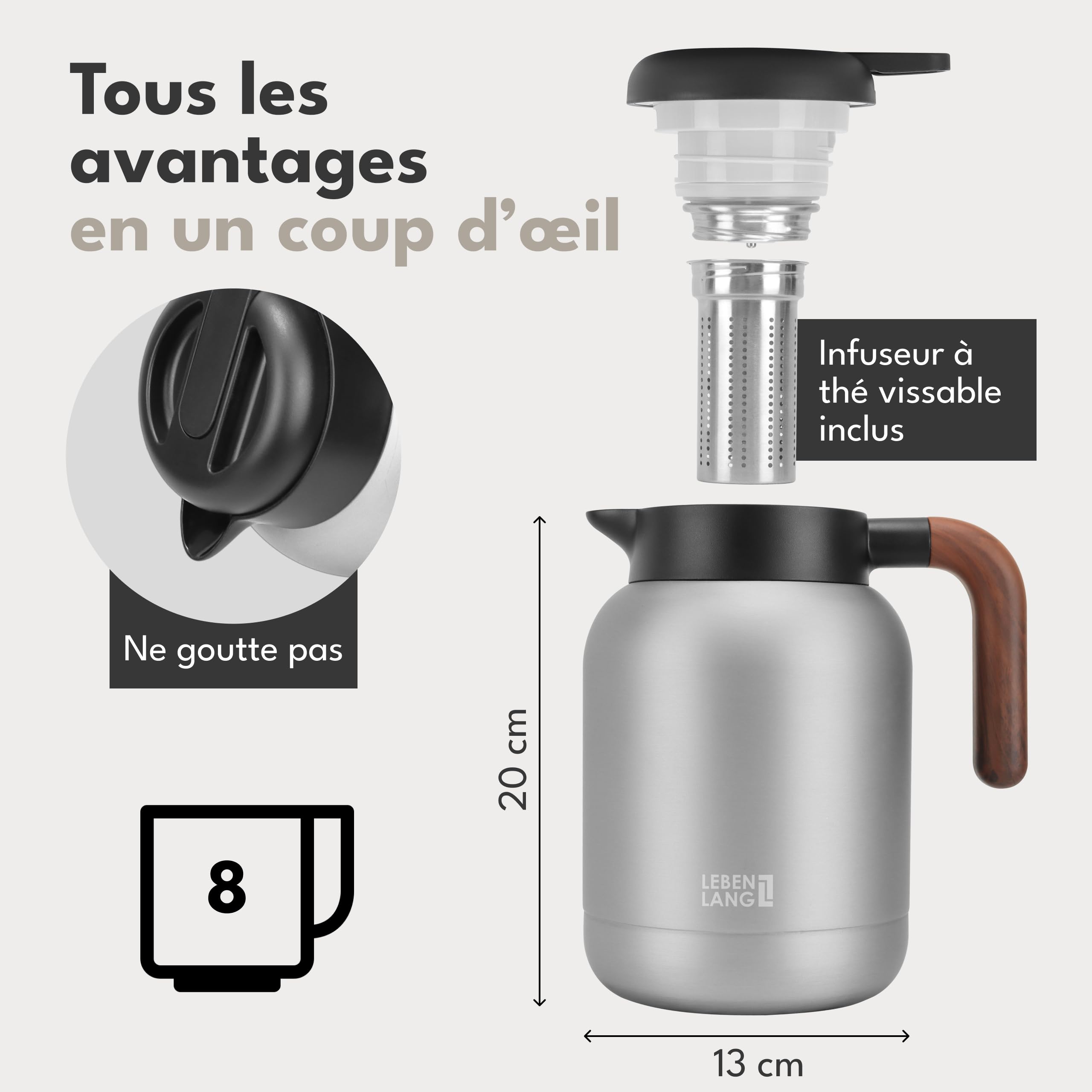 LEBENLANG Thermos café 1,5L Gris - Revêtement céramique & sans BPA I 24h au chaud & Incl. passoire à thé I Bouteille isotherme Pichet cafe inox Termos carafe isotherme Bouilloire