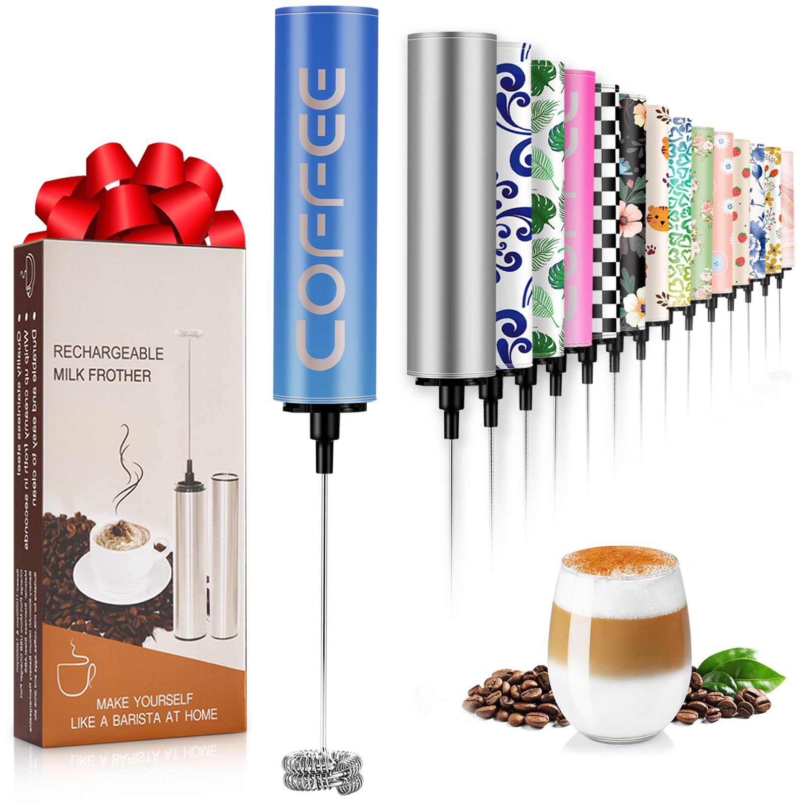 Milk Frother Handheld Rechargeable - 2-Speed Electric Whisk with 5 Detachable Heads (Frother/Mixer/Whisk) for Coffee, Latte, Cappuccino &amp; Matcha, Drink Mixer (Flower 11)