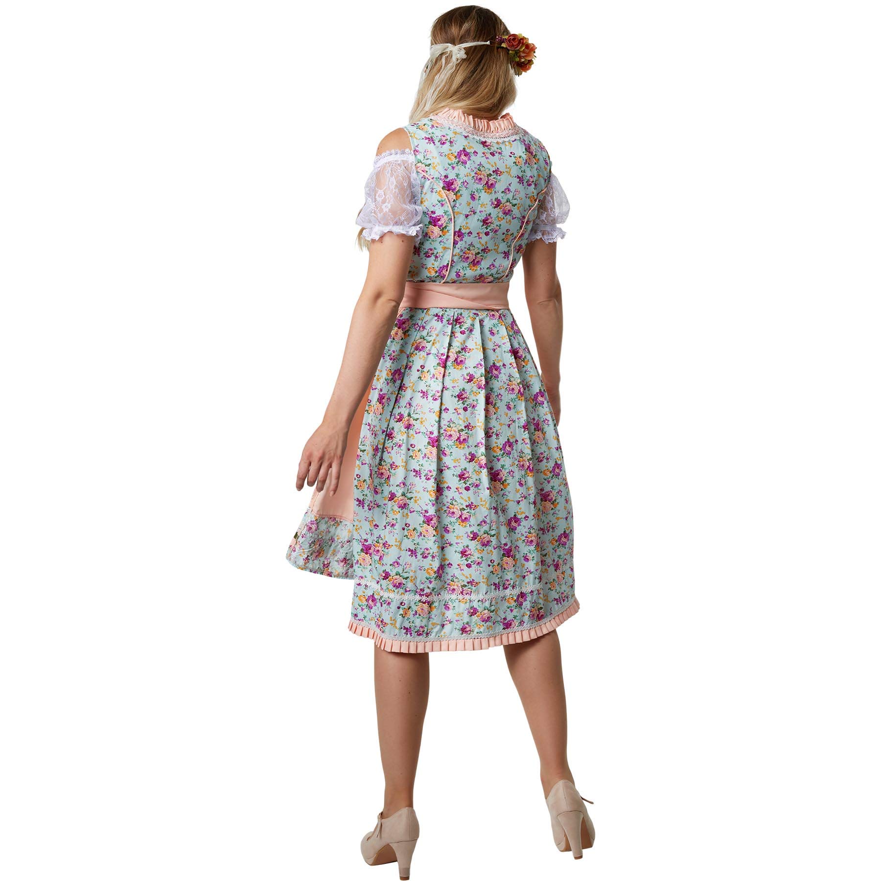 dressforfun Dirndl Damen Midi, Trachtenrock Trachtenkleid mit Schürze, Dirndlkleid mit Blumenmuster, Rüschen und Spitze, Trachtenmode Damen für Oktoberfest, mit Dirndl Bluse kombinierbar, türkis/rosa