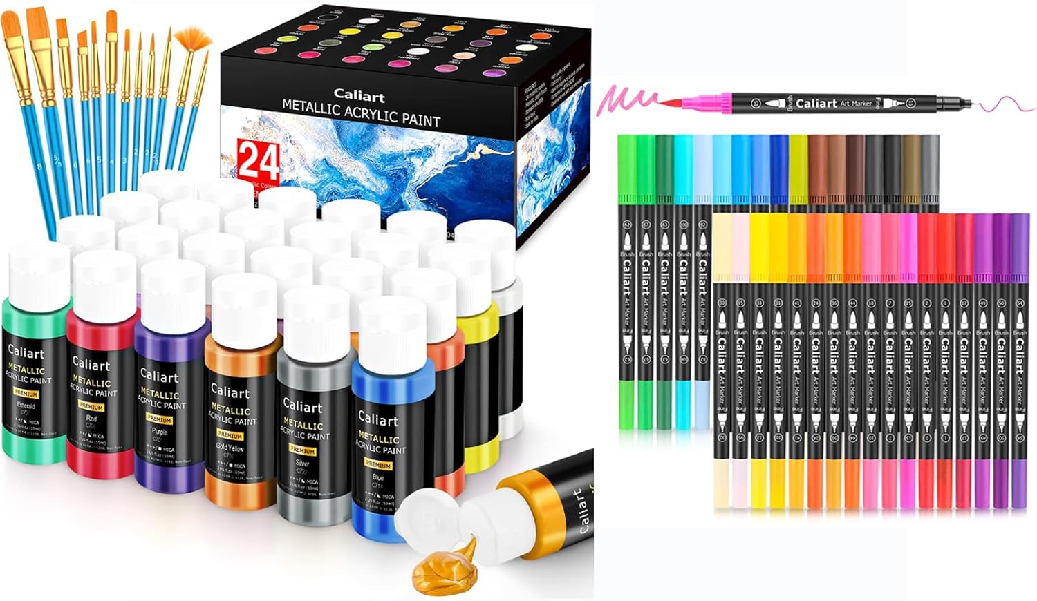 Caliart 24 Colors Metallic Acrylic Paint Set with 12 Brushes, 34 Double Tip Brush Pens Art Markers, Canvas Ceramic Rock Craft Painting Kit Art Supplies Gift for Artists Kids Beginners