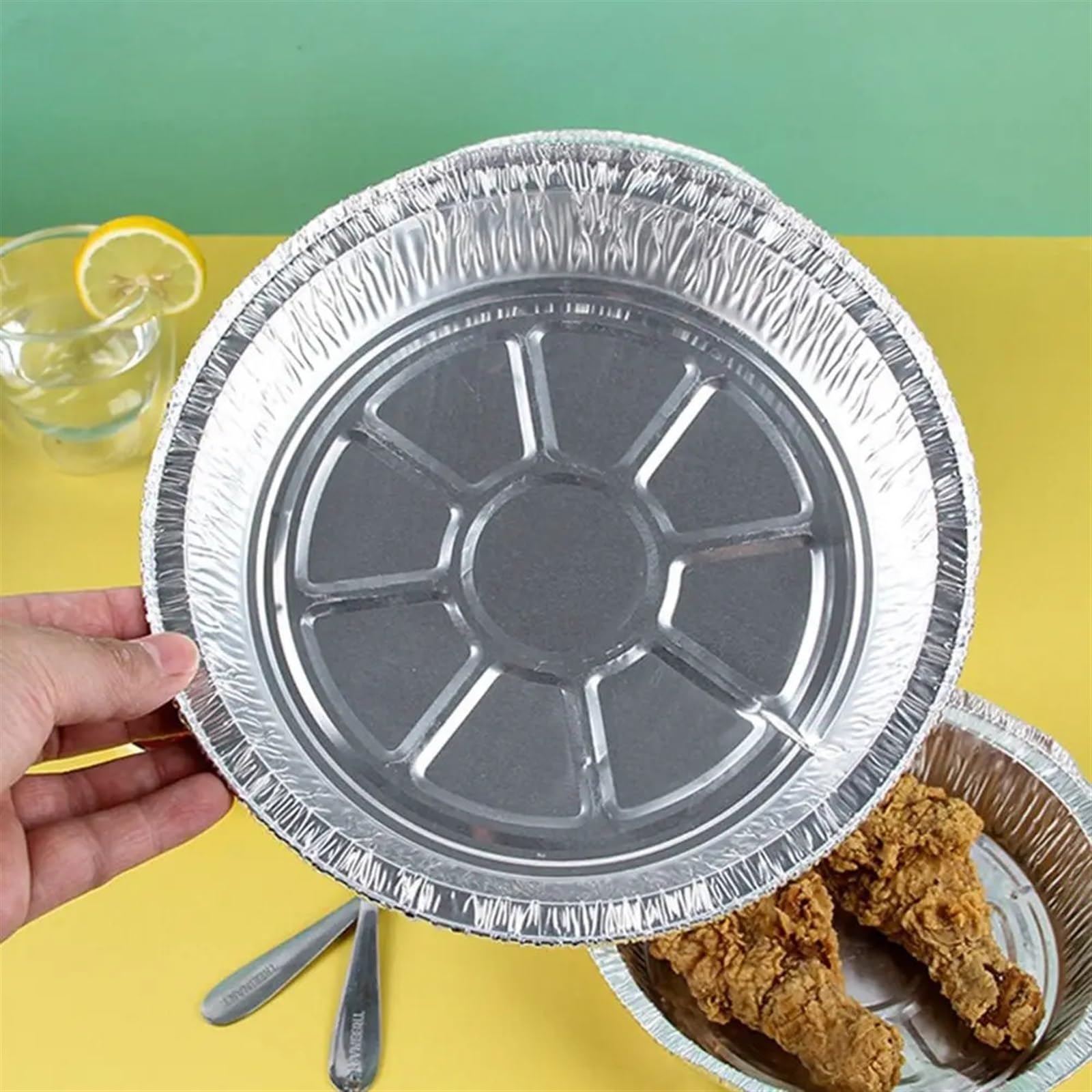 Silberhaltigen Lebensmittelbehälter, 50 Stück runde Lebensmittelbehälter aus Silberfolie, Aluminiumfolie, Teller aus Zinnfolie, Kuchenformen for die Luftfritteuse