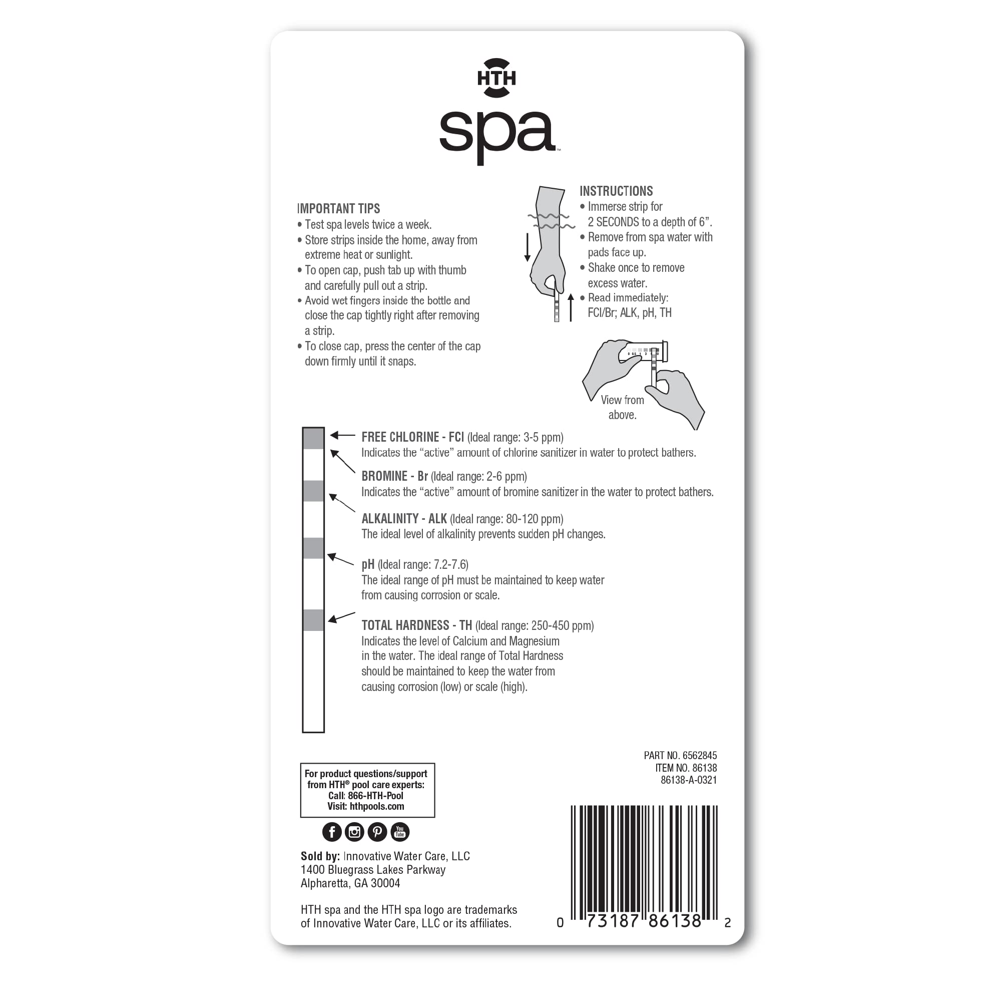 HTH Spa Care Lot de 25 bandelettes de test 6 voies pour spa et jacuzzi