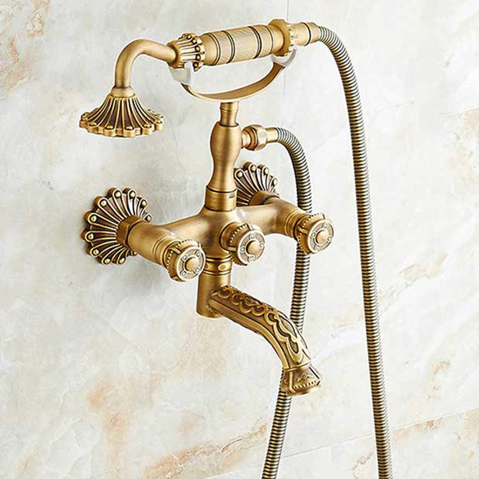 WOTZOV Antique Deck Mount Bathtub Faucet Double Handles Bathtub Faucet With Handheld Shower Tub And Shower Faucet Vintage Brass Bathroom Mixer Tap,