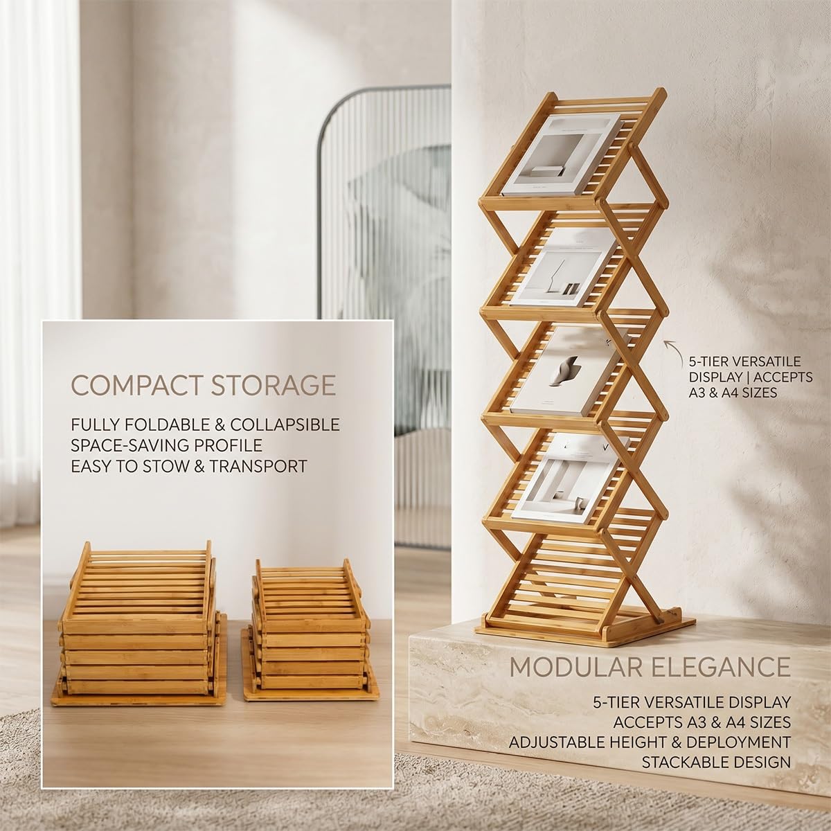 Portariviste da terra Pieghevole in Bambù, Organizzatore Espositore Letterario, Espositore Libri in Legno Naturale per Ufficio Casa Negozio(A4)