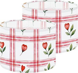 Boho Drum Lamp Shade Set of 2-11" x 11" x 8.9" Watercolor painting shows seamless red white plaid stylized leaves Replacement Natural Linen Lampshades for Table Lamps, Floor Lamps Easy Assembly