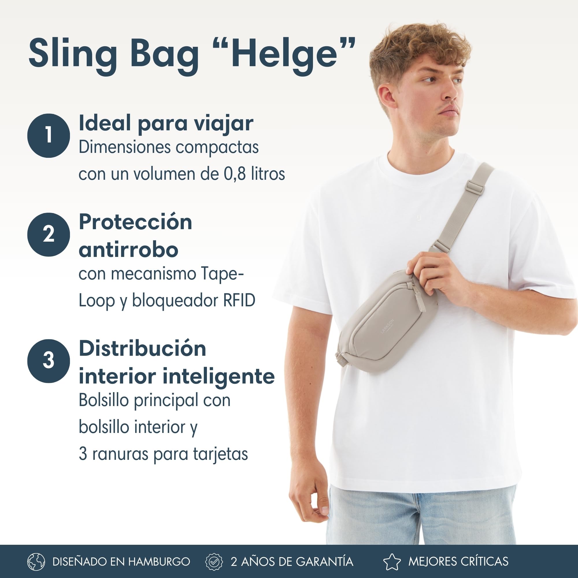 Larkson Bolso de Pecho Mujer y Hombre Beige - Helge - Bolsa en Bandolera con Bloqueador RFID y Trabillas Antirrobo sobre la Cremallera - Acolchado de Malla - Repelente al Agua