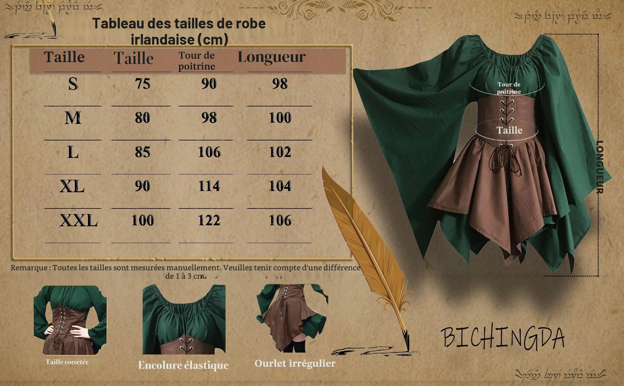Robe irlandaise traditionnelle pour femme, costume médiéval, style Renaissance, avec corset et manches évasées, robe courte victorienne pour Halloween