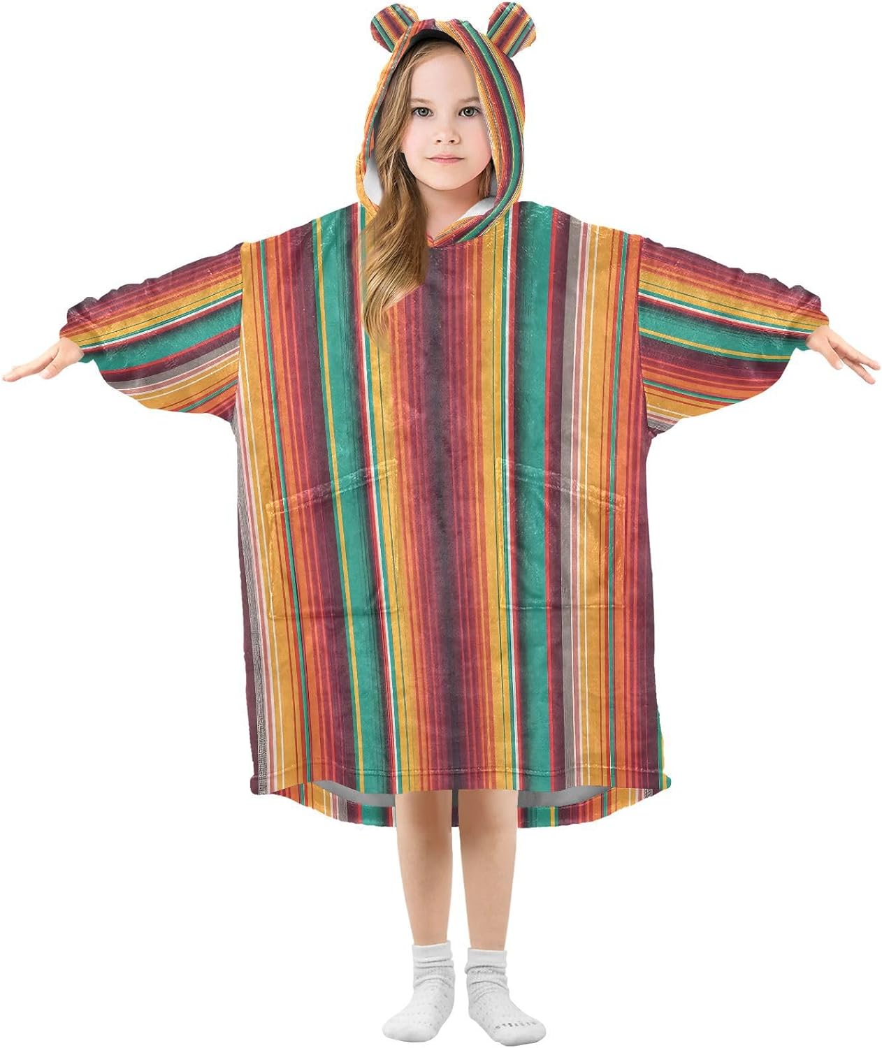 Kigai Colorful Stripes Wearable Blanket Hoodie for Kids Oversized Hooded Blanket Warm & Cozy Sweatshirt with Pockets